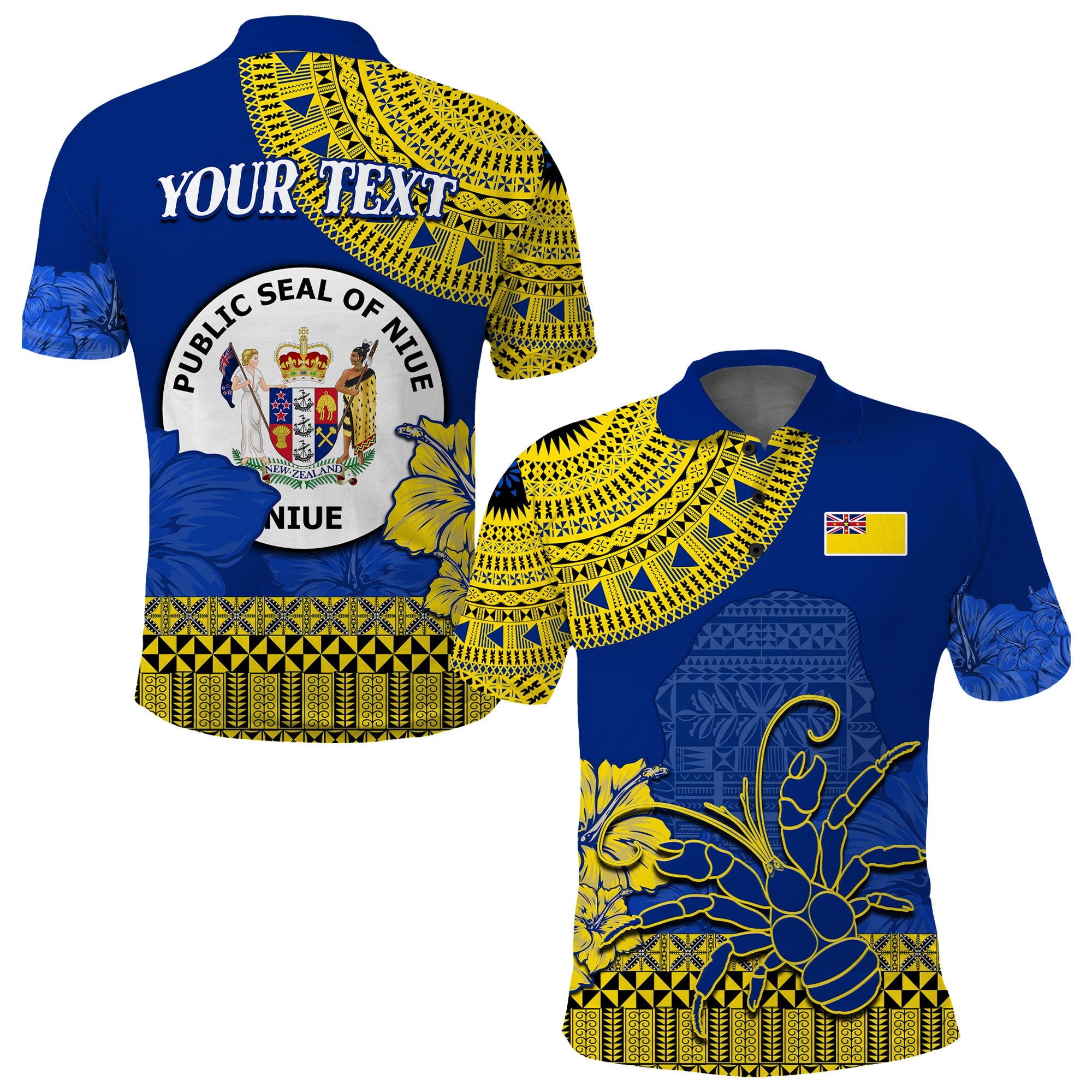 Custom Niue Hiapo Polo Shirt Rock of Polynesia Tapa Niuean Crab Happy Day LT13 Blue - Polynesian Pride