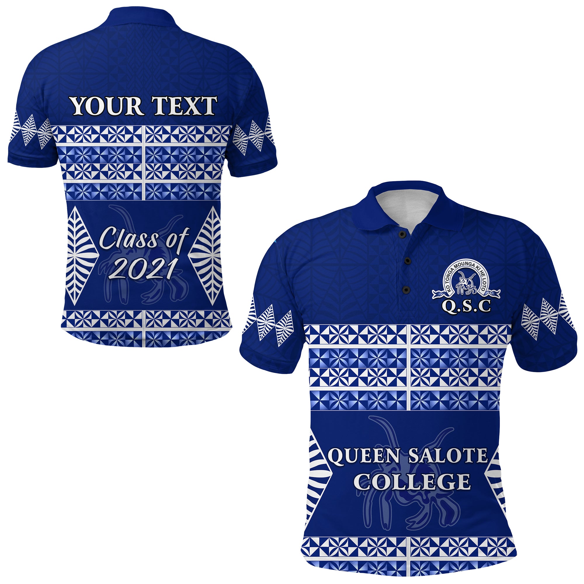 Custom Queen Salote College Polo Shirt Tonga Pattern Class Year and Your Text LT13 Unisex Blue - Polynesian Pride