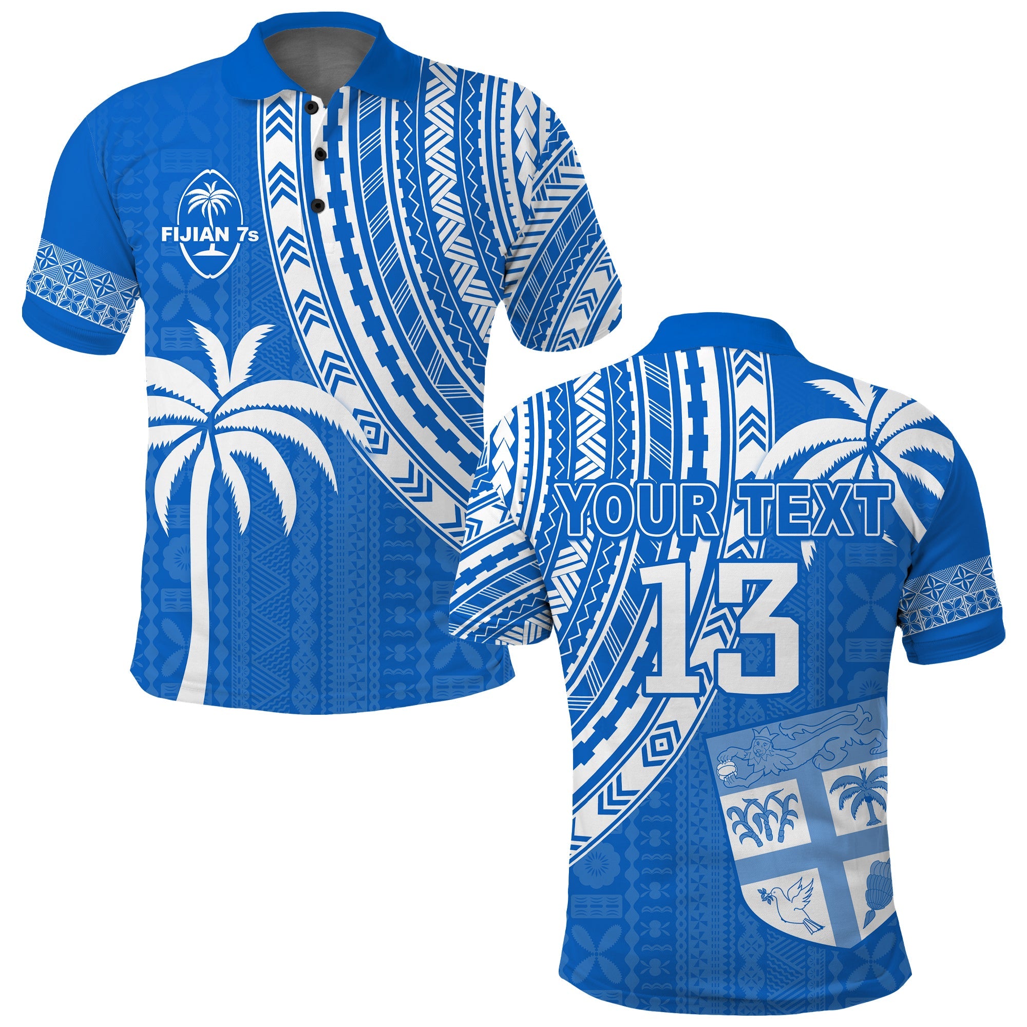 (Custom Text and Number) Fiji Rugby Sevens Polo Shirt Fijian 7s Tapa Polynesian Blue Ver.01 LT13 Blue - Polynesian Pride