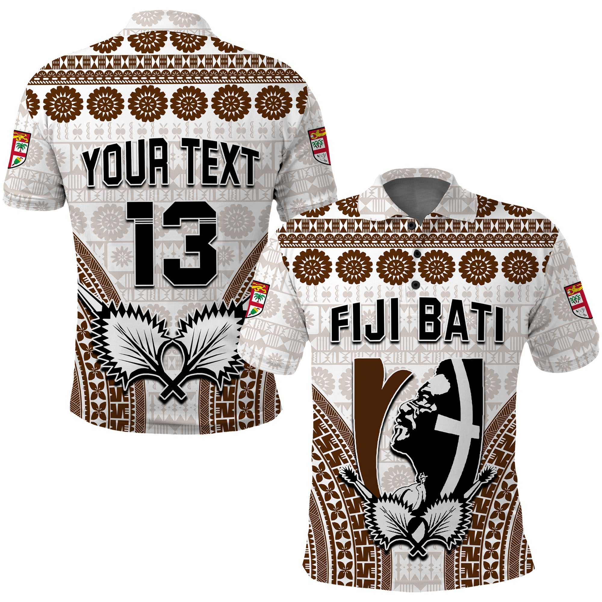 Custom Text and Number Fiji Rugby Bati Polo Shirt Proud Tapa Pattern LT13 White - Polynesian Pride