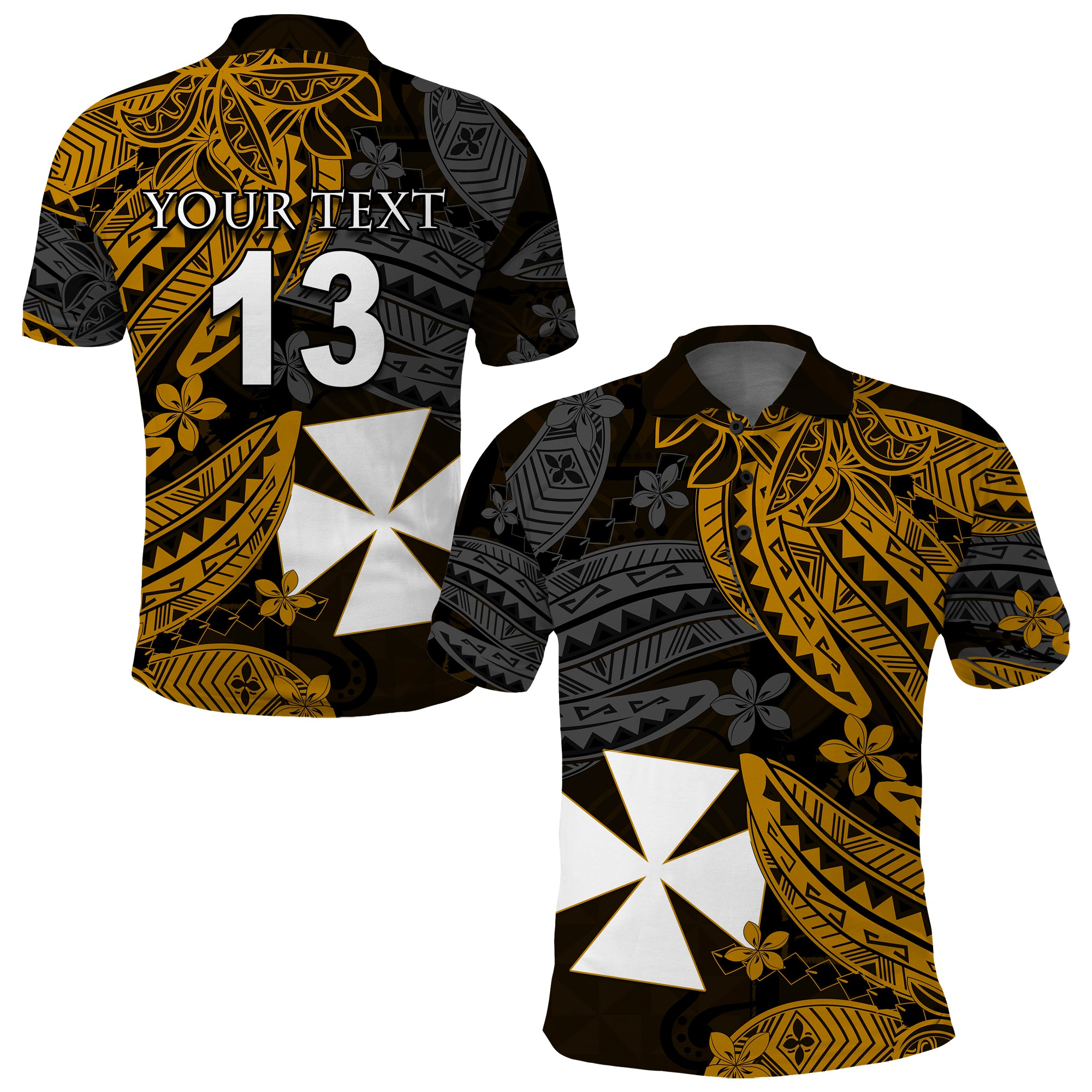 (Custom Text and Number) Wallis and Futuna Polo Shirt Enjoy Polynesian Flowers Version Gold LT13 Unisex Gold - Polynesian Pride