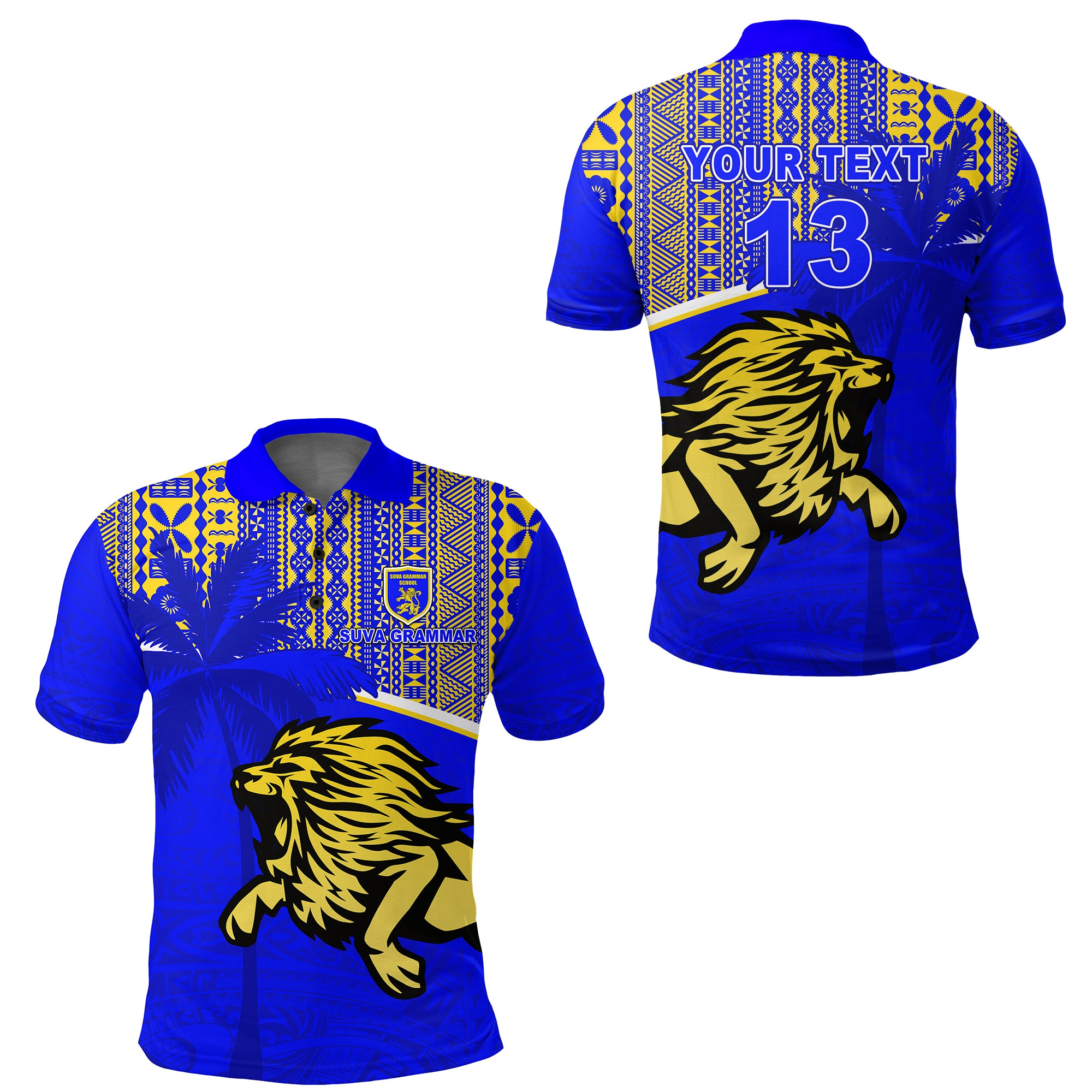 Custom Suva Grammar School Polo Shirt Spirit Lion Custom Text and Number LT13 Unisex Blue - Polynesian Pride