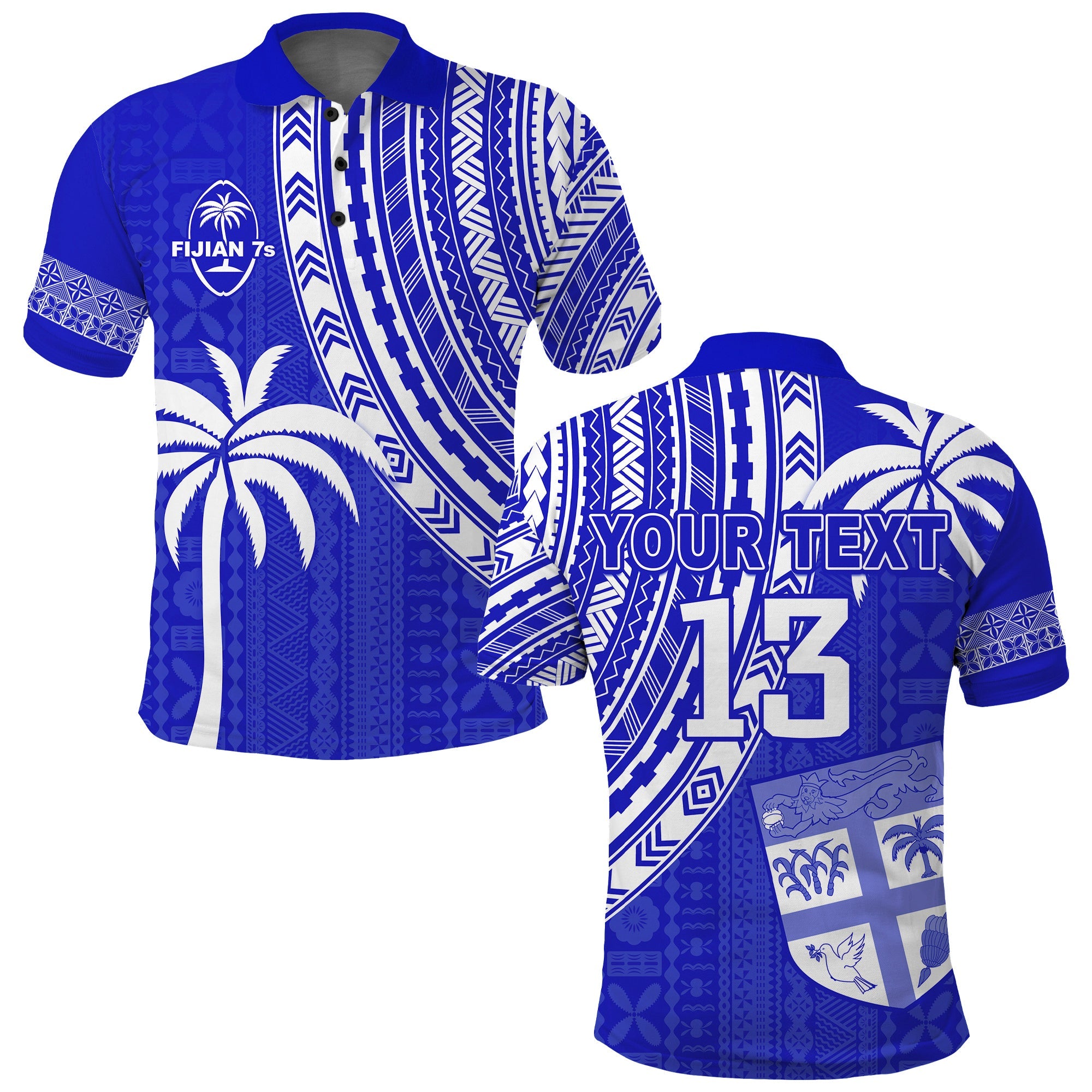 (Custom Text and Number) Fiji Rugby Sevens Polo Shirt Fijian 7s Tapa Polynesian Blue Ver.02 LT13 Blue - Polynesian Pride