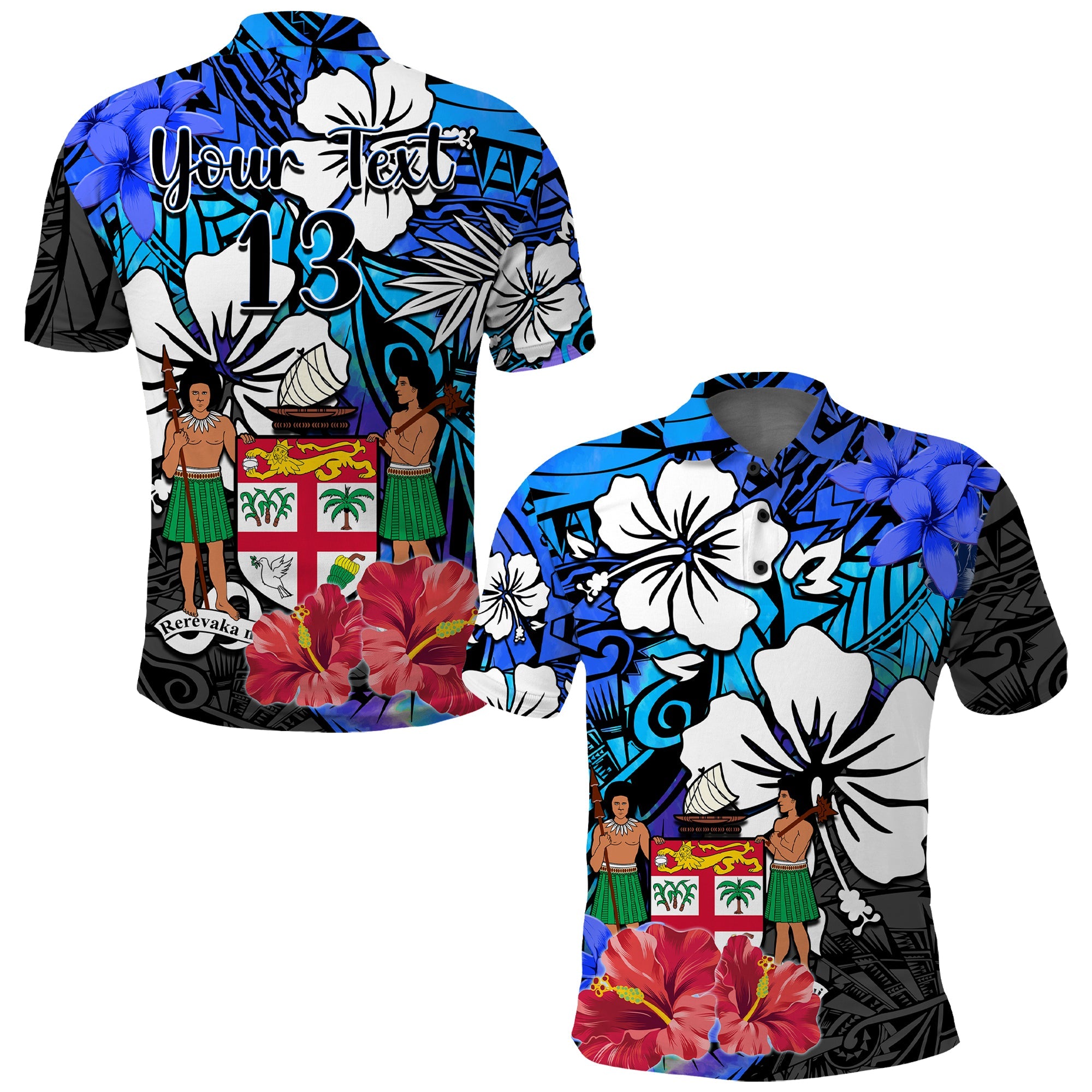 (Custom Text and Number) Fiji Tie Dye Polo Shirt Polynesian Blue Tribal Creative Tropical Flowers LT13 Blue - Polynesian Pride