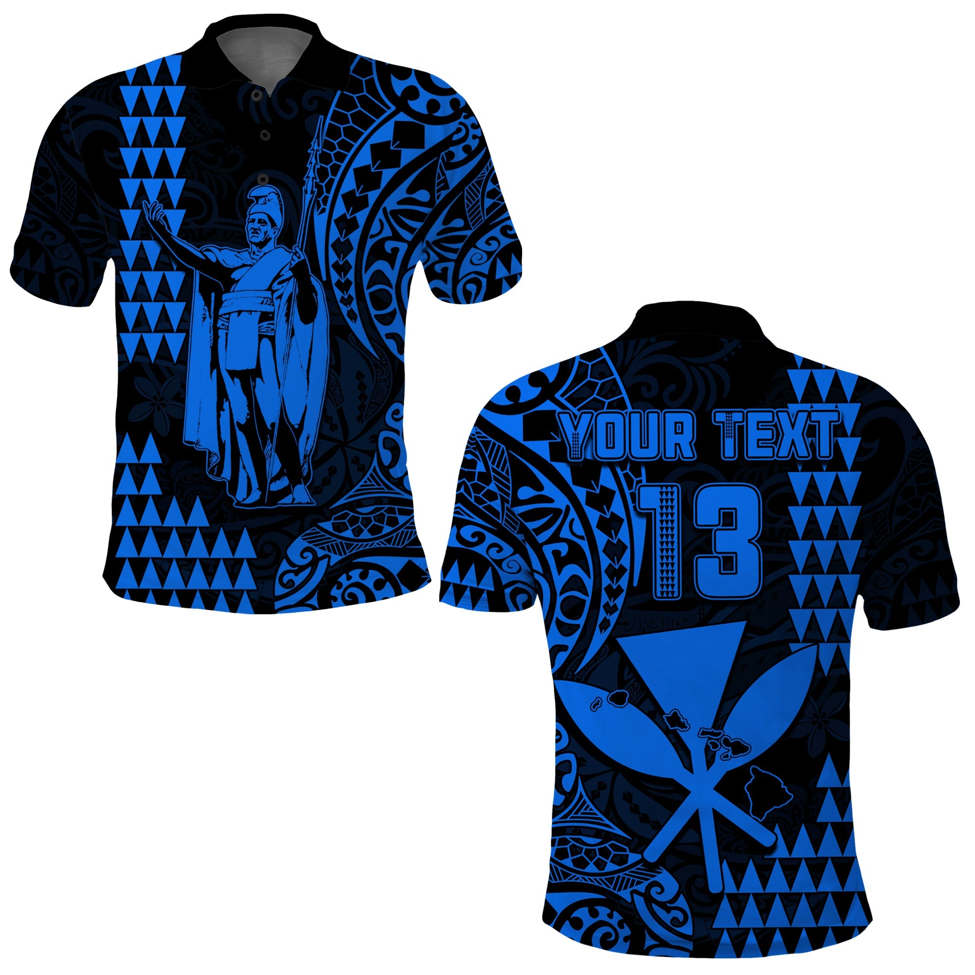 (Custom Text and Number) Hawaii Day Kakau Polo Shirt Proud To Be Hawaiian Blue King Kamehameha and Kanaka Maoli LT13 Blue - Polynesian Pride