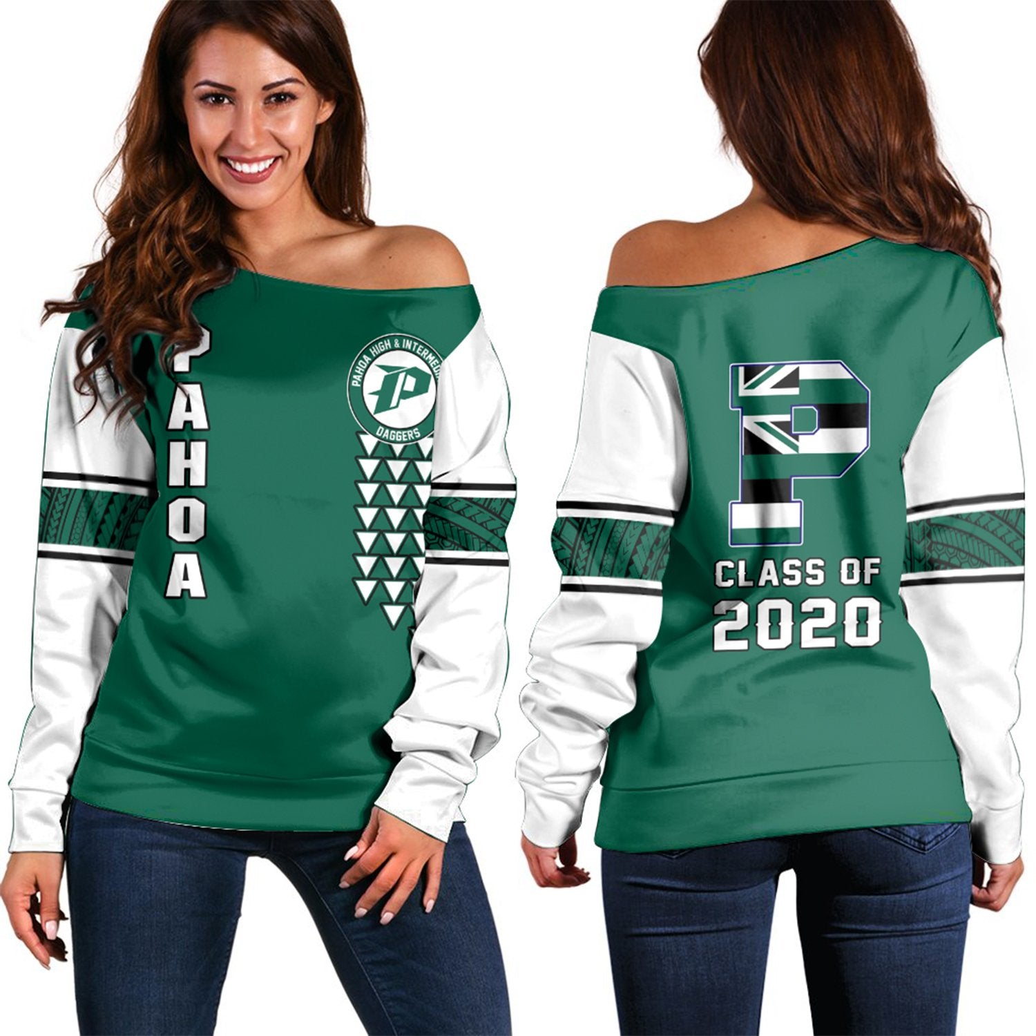 (Personalised) Hawaii - Pahoa High Custom Your Class Women's Off Shoulder Sweatshirt AH Green - Polynesian Pride