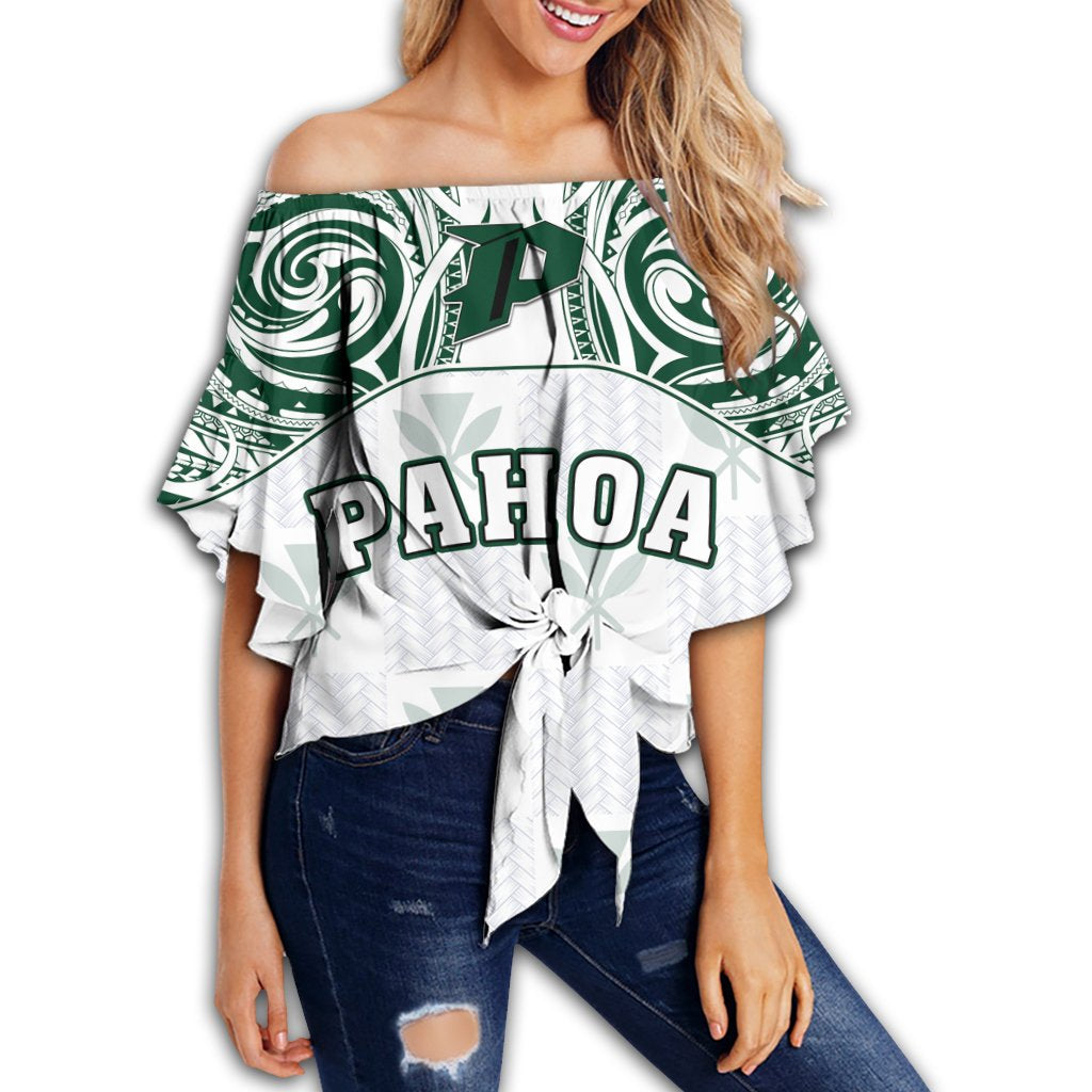 Hawaii - Kanaka Pahoa High School Off Shoulder Waist Wrap Top Demodern Style AH Female White - Polynesian Pride