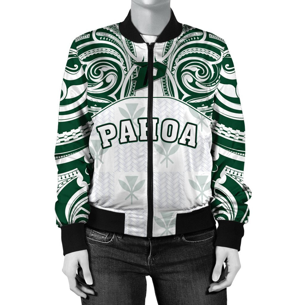 Hawaii Bomber Jacket - Kanaka Pahoa High School Women's Bomber Jacket Demodern Style AH White - Polynesian Pride