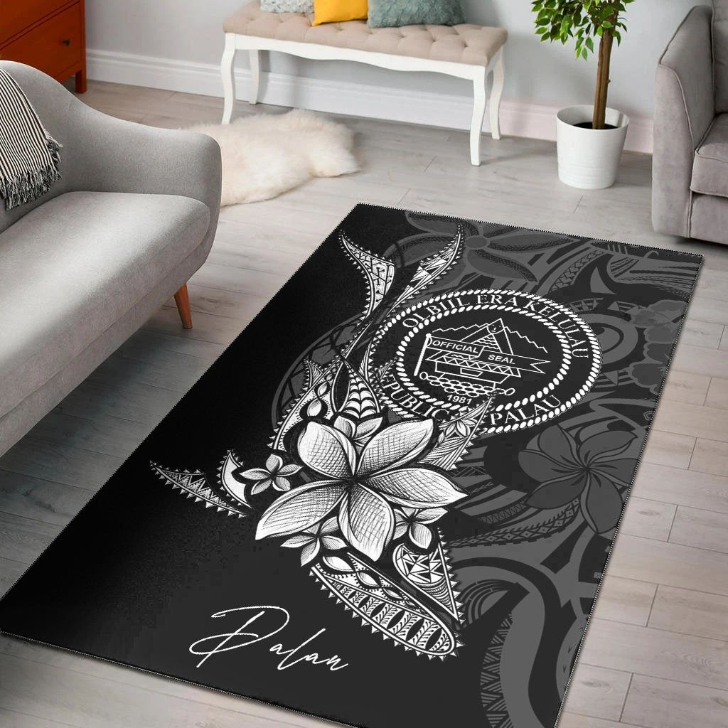 Palau Area Rug - Fish With Plumeria Flowers Style Black - Polynesian Pride