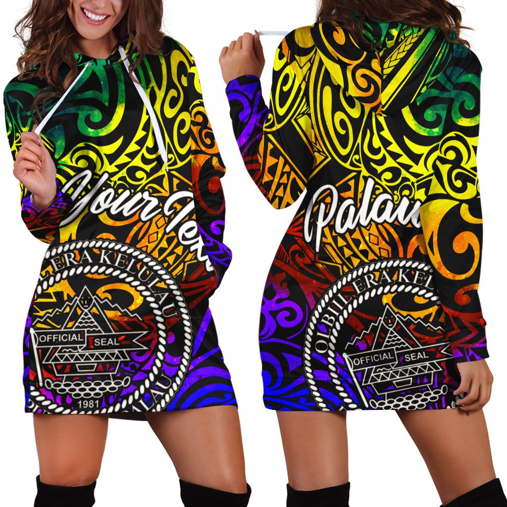 Palau Custom Personalised Hoodie Dress - Rainbow Polynesian Pattern Rainbow - Polynesian Pride