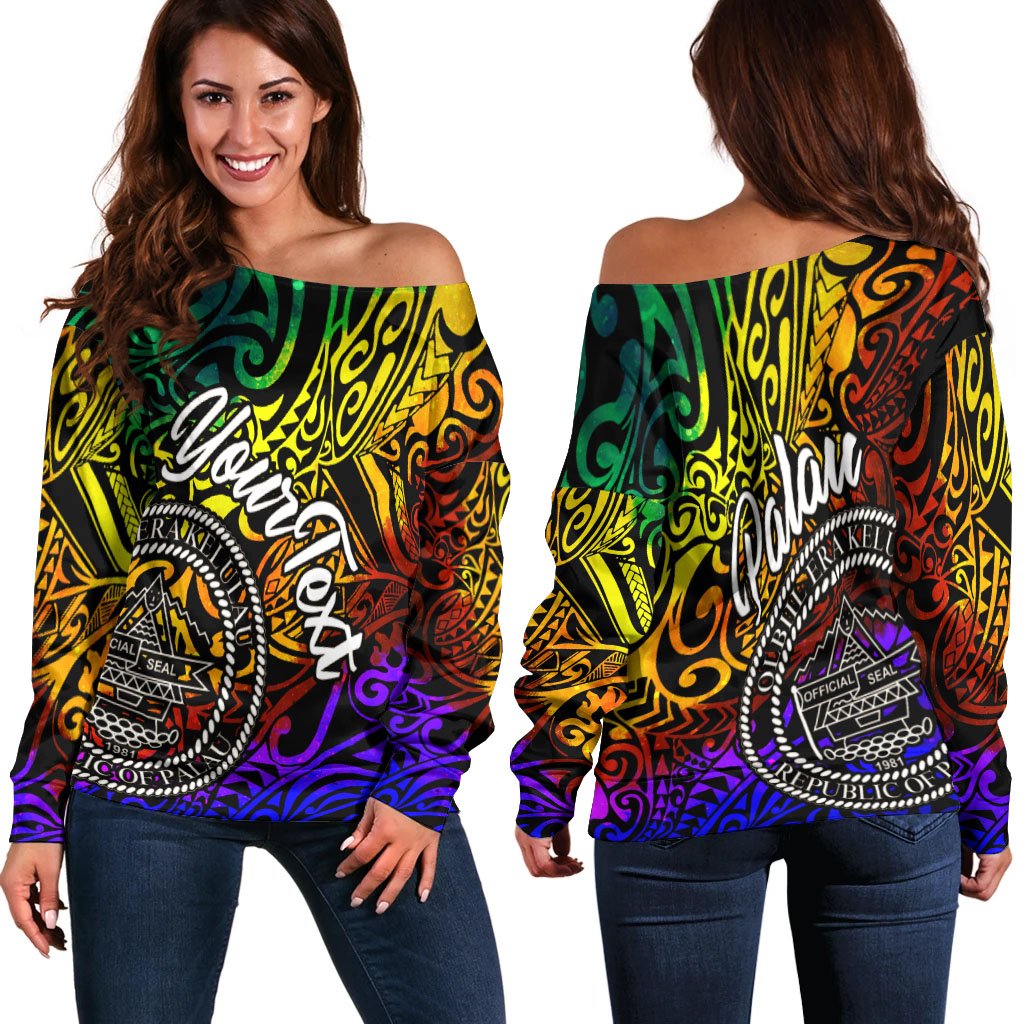 Palau Custom Personalised Women's Off Shoulder Sweater - Rainbow Polynesian Pattern Rainbow - Polynesian Pride