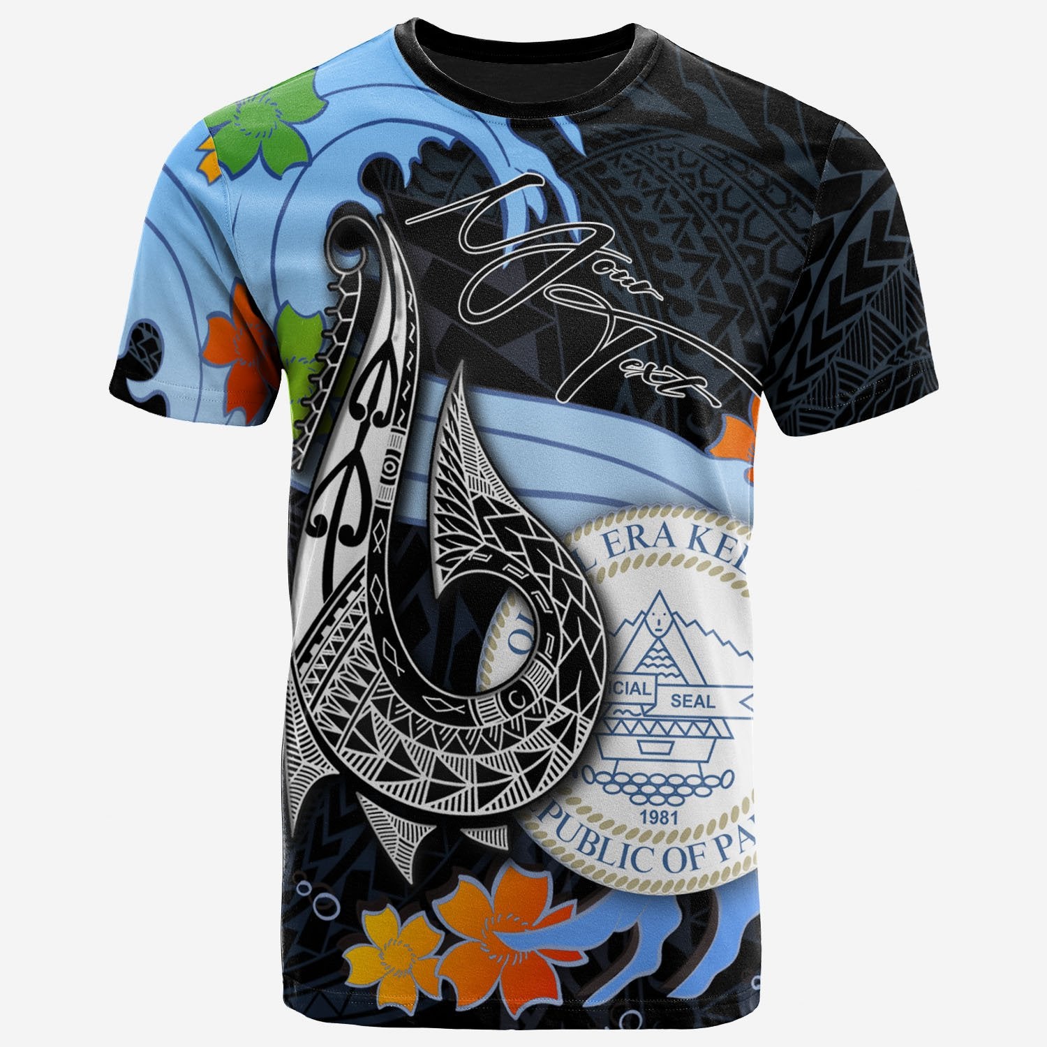 Palau Custom T Shirt Fish Hooks And Wave Unisex Black - Polynesian Pride