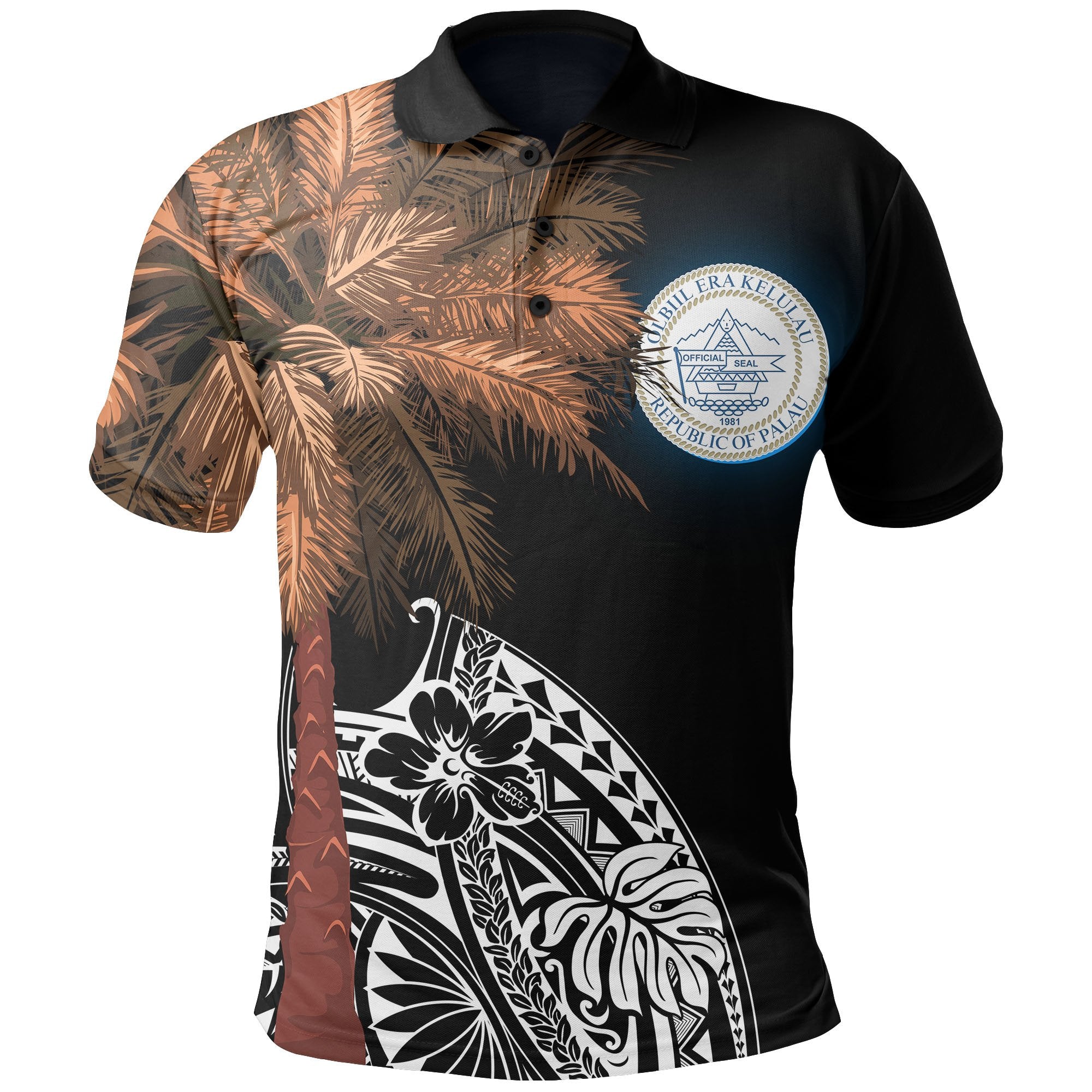 Palau Polo Shirt Polynesian Palm Tree Black Unisex Black - Polynesian Pride