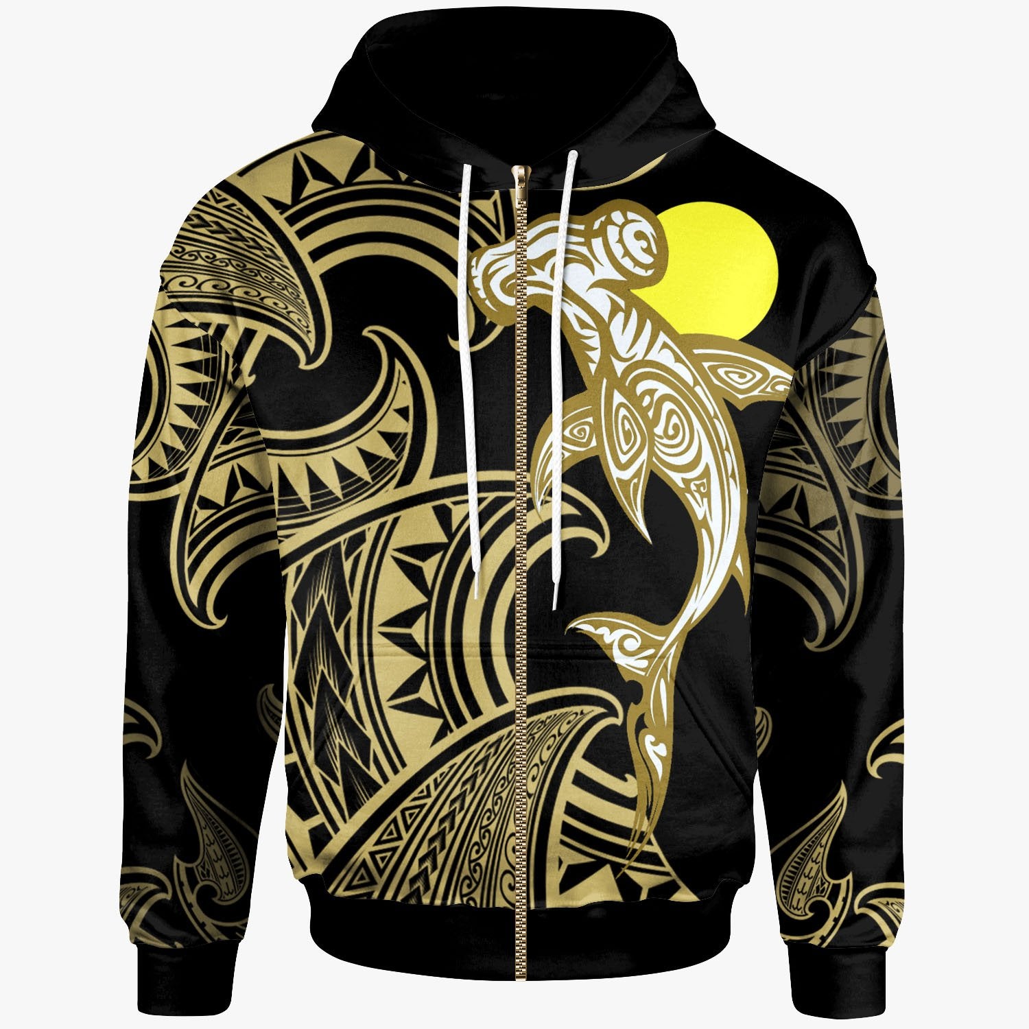 Palau Zip Hoodie Hammerhead Shark Tribal Pattern Unisex Gold - Polynesian Pride