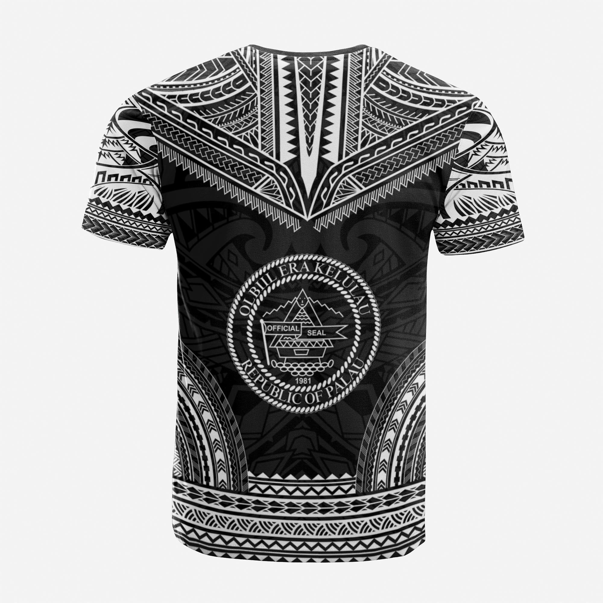 Palau Custom T Shirt Palau Seal Polynesian Chief Tattoo Black Version Unisex Black - Polynesian Pride