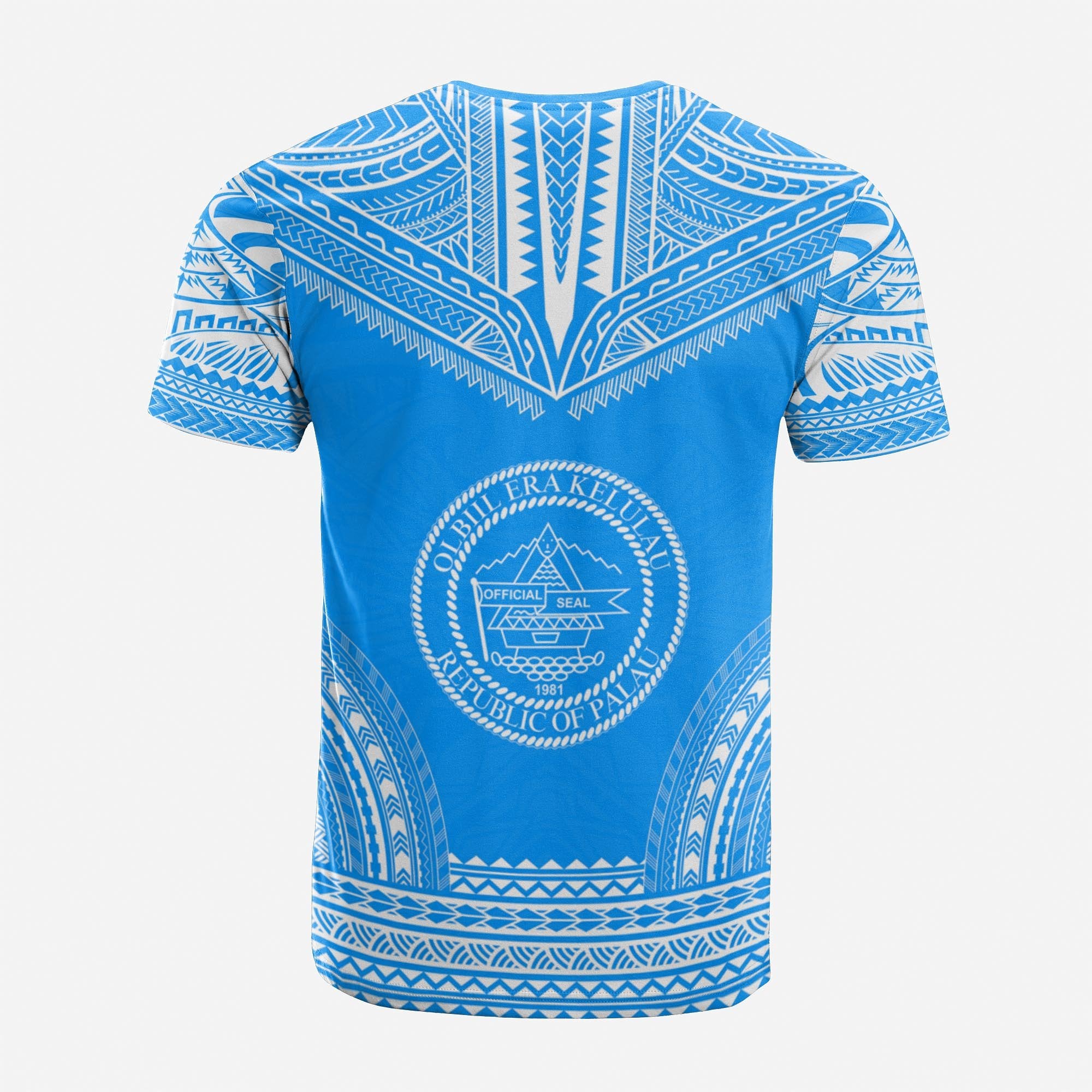 Palau Custom T Shirt Palau Seal Polynesian Chief Tattoo Light Blue Version Unisex Blue - Polynesian Pride