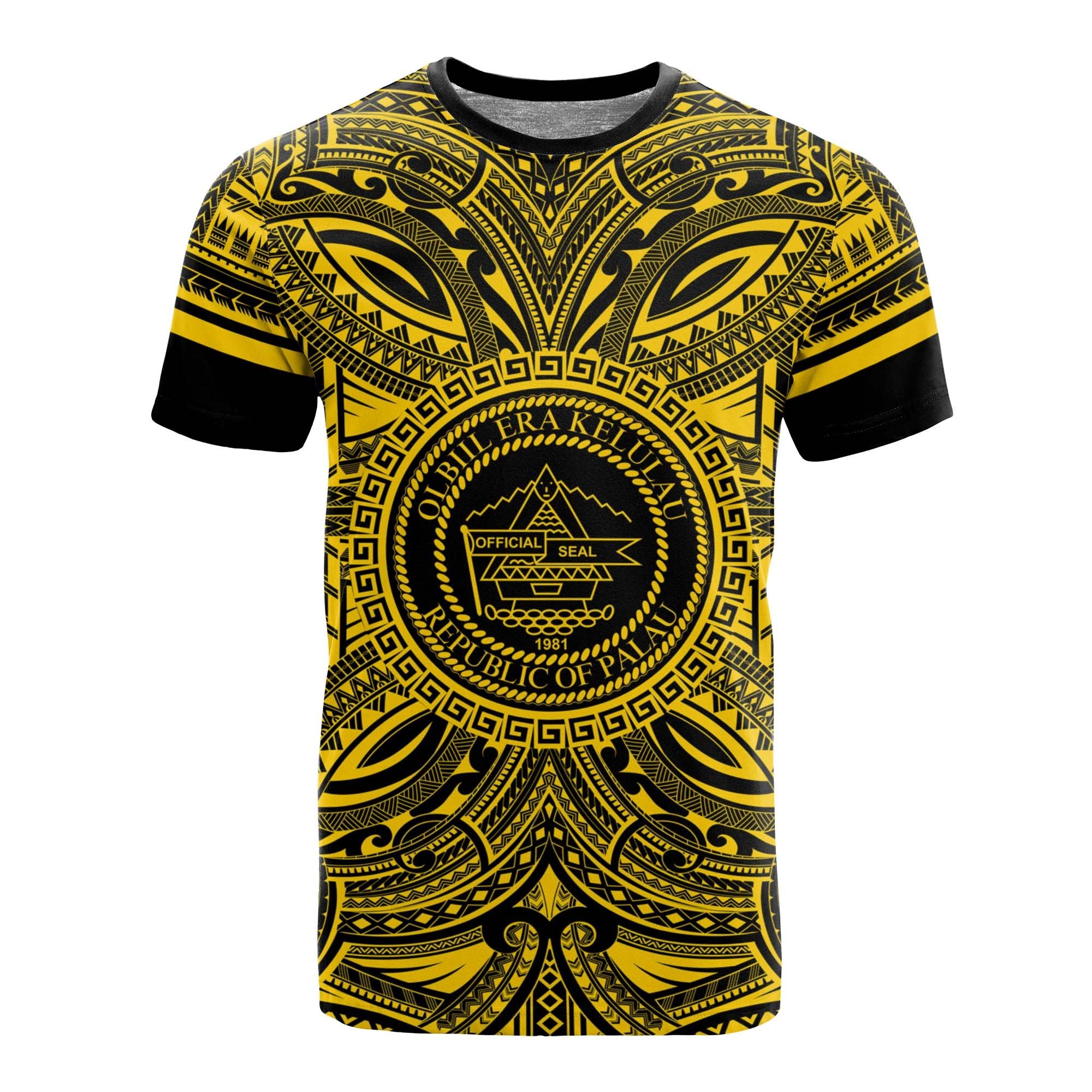 Palau All T Shirt Palau Coat Of Arms Polynesian Gold Black Unisex Gold - Polynesian Pride