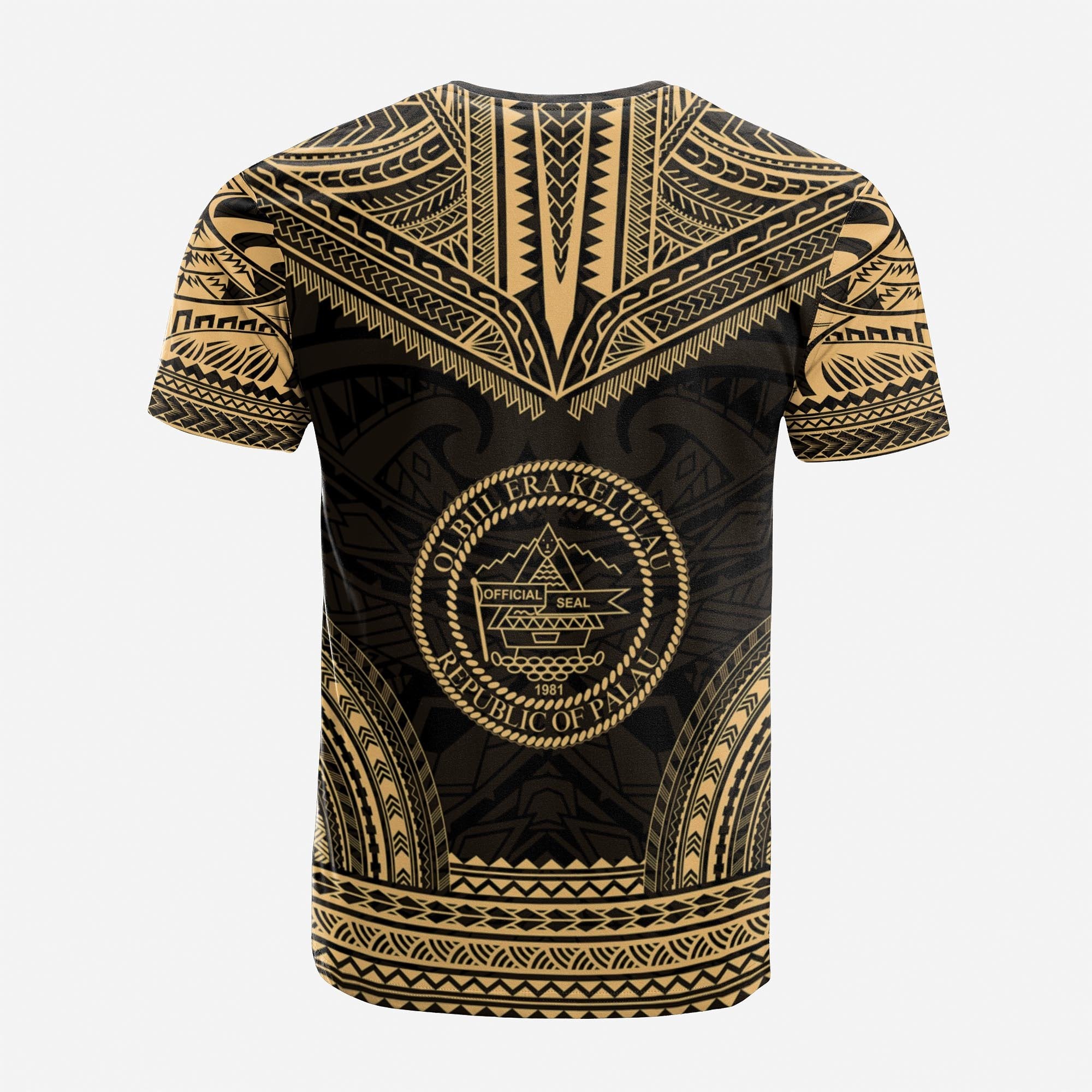 Palau Custom T Shirt Palau Seal Polynesian Chief Tattoo Gold Version Unisex Gold - Polynesian Pride