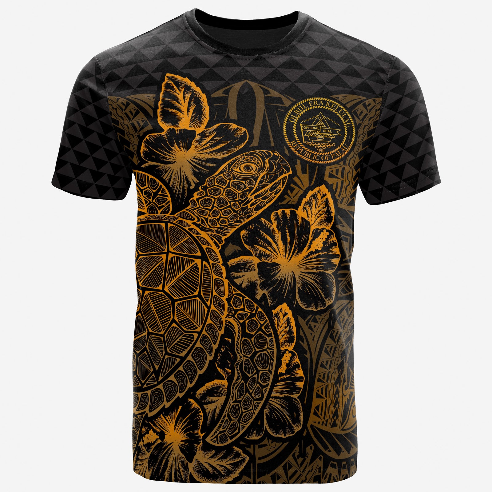 Palau T Shirt Palau Seal Turtle Hibiscus Gold Unisex Gold - Polynesian Pride