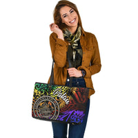 Palau Large Leather Tote Bag - Rainbow Polynesian Pattern - Polynesian Pride