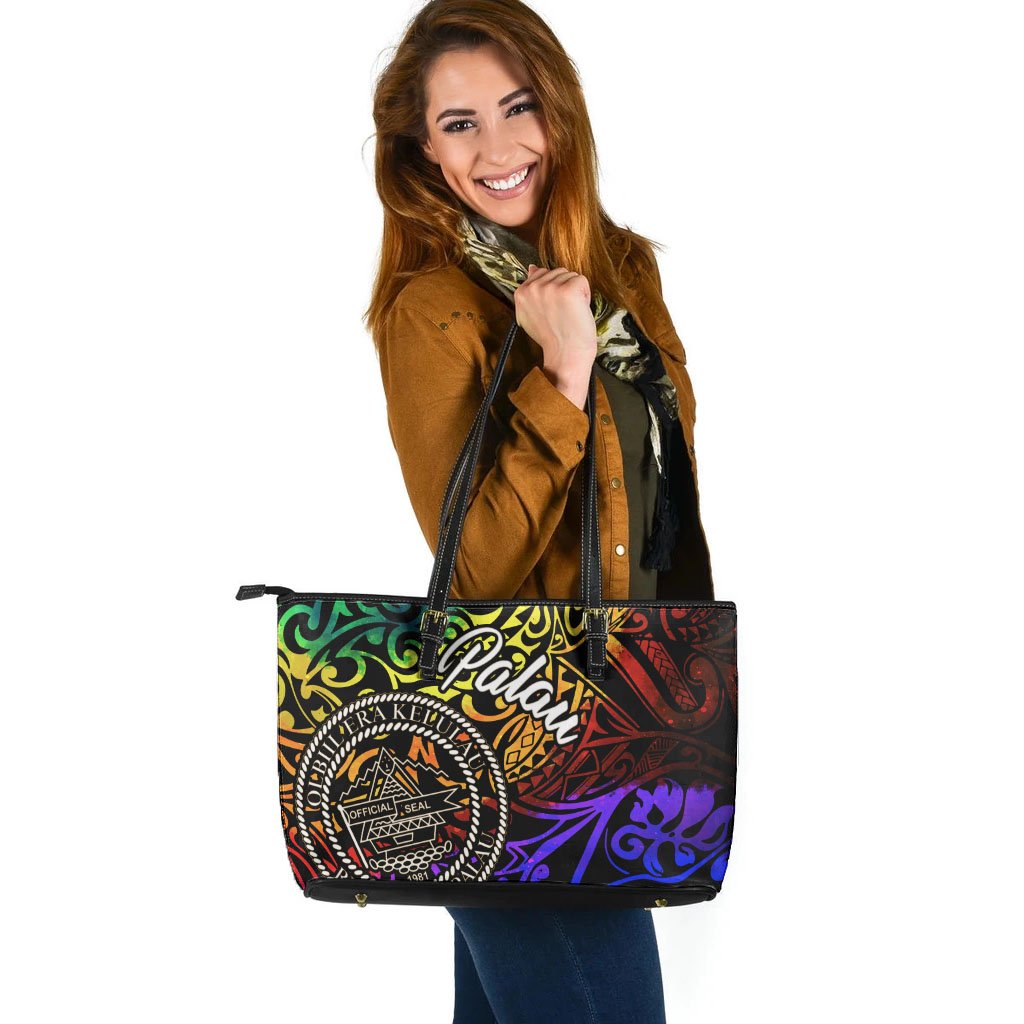 Palau Large Leather Tote Bag - Rainbow Polynesian Pattern Rainbow - Polynesian Pride