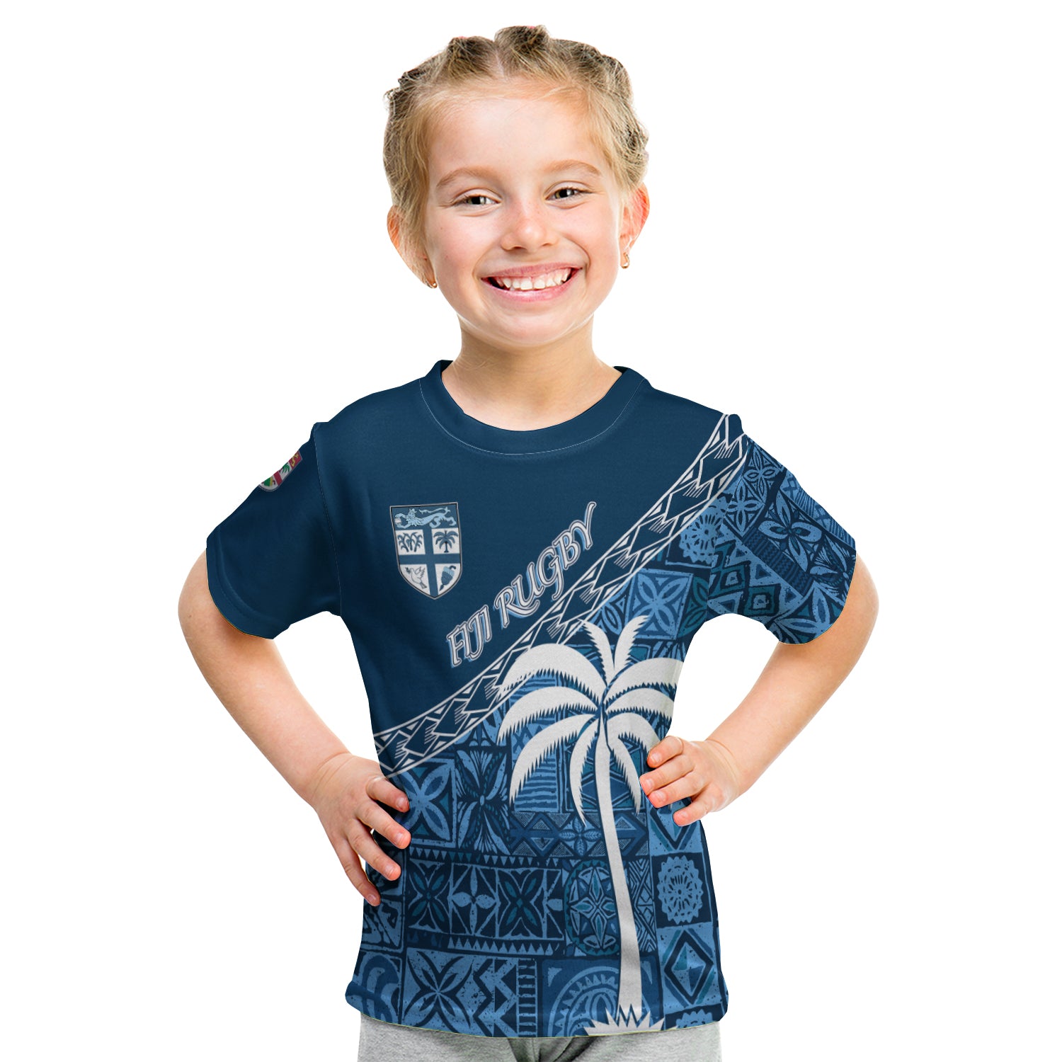 (Custom Personalize) Tapa Pattern With Palm Tree Fiji Rugby Kid T Shirt LT7 - Polynesian Pride