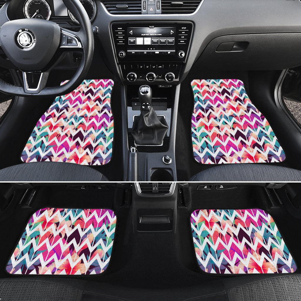 Palm Foliage On Striped Zigzag Hawaii Car Floor Mats Turquoise One Size - Polynesian Pride