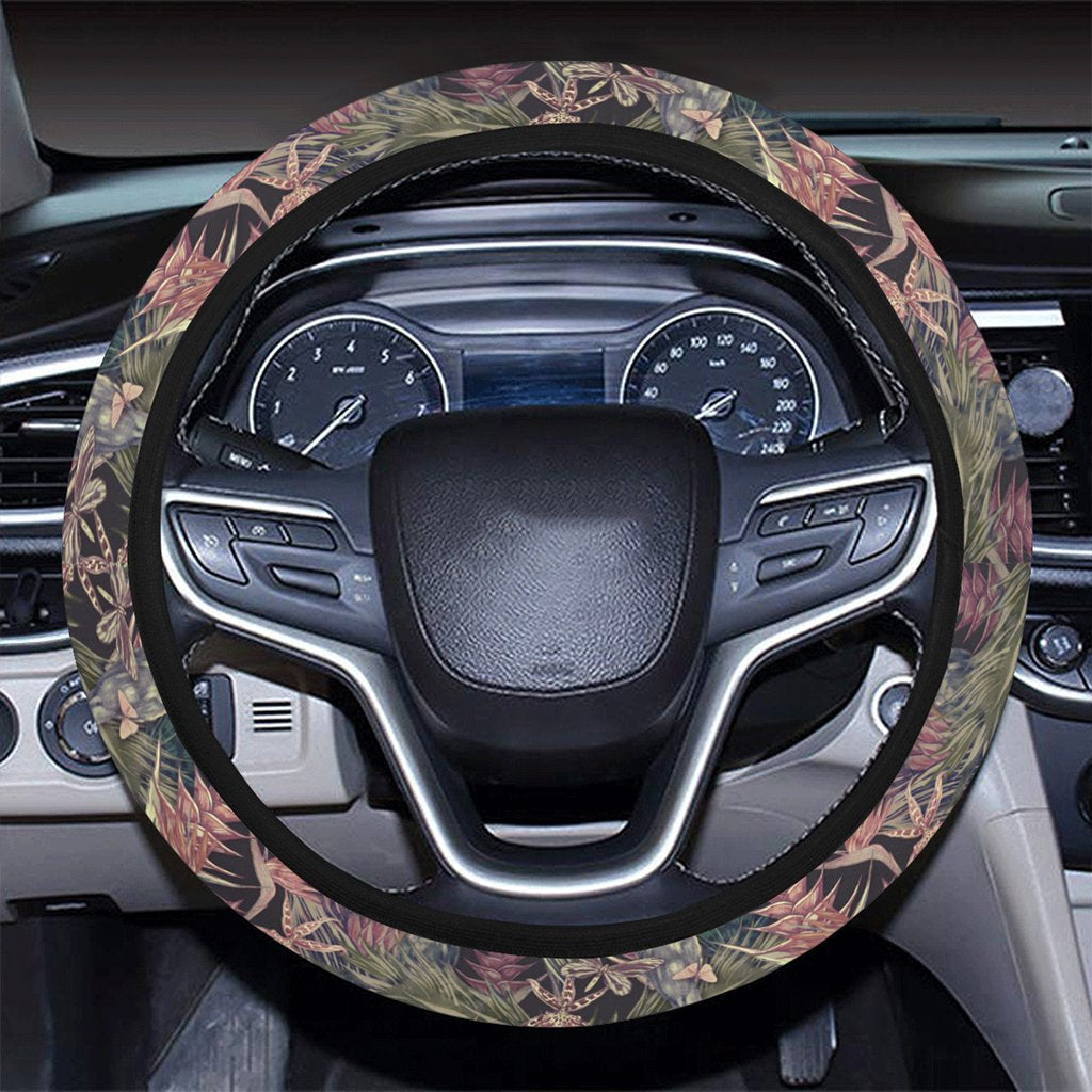 Palm Leaves, Tropical Flowers Hawaii Universal Steering Wheel Cover with Elastic Edge - Polynesian Pride