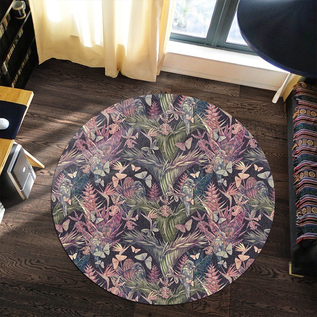 Palm Leaves, Tropical Flowers Round Carpet - AH - Polynesian Pride