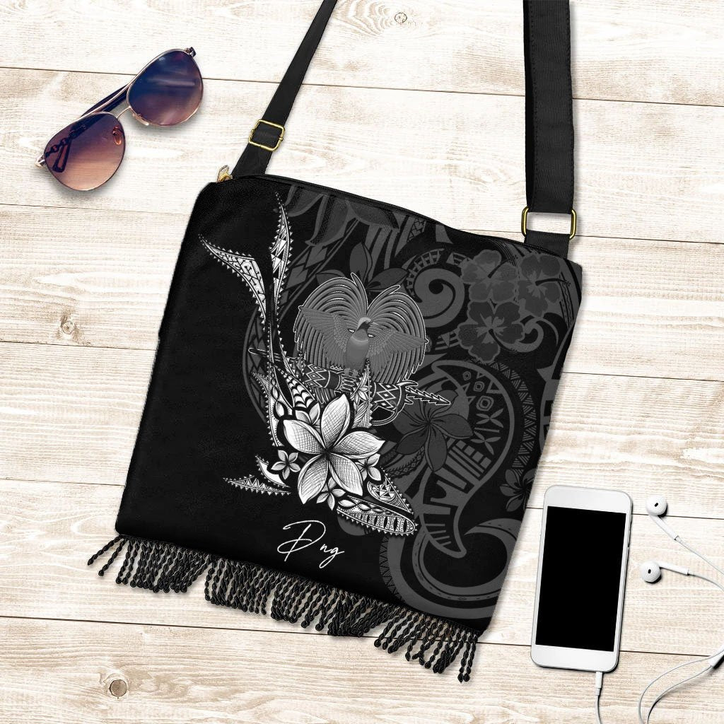 Papua New Guinea Boho Handbag - Fish With Plumeria Flowers Style One Size Boho Handbag Black - Polynesian Pride