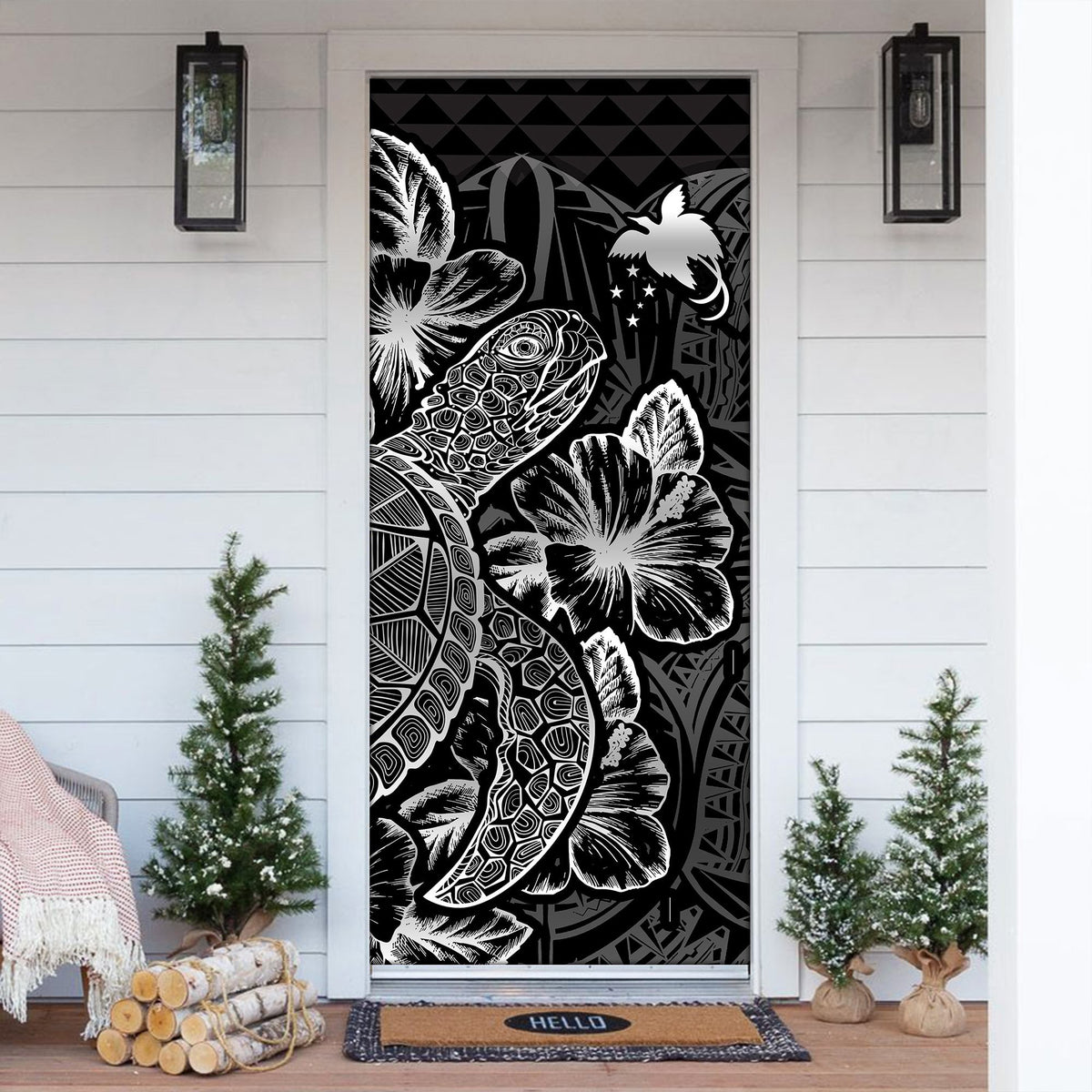 Papua New Guinea Door Cover Turtle Hibiscus Black - Polynesian Pride