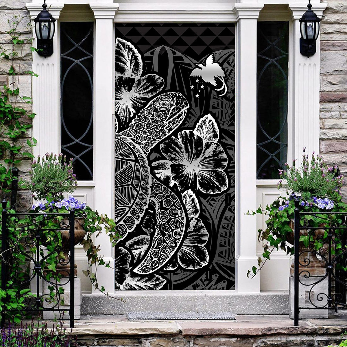 Papua New Guinea Door Cover Turtle Hibiscus Black - Polynesian Pride