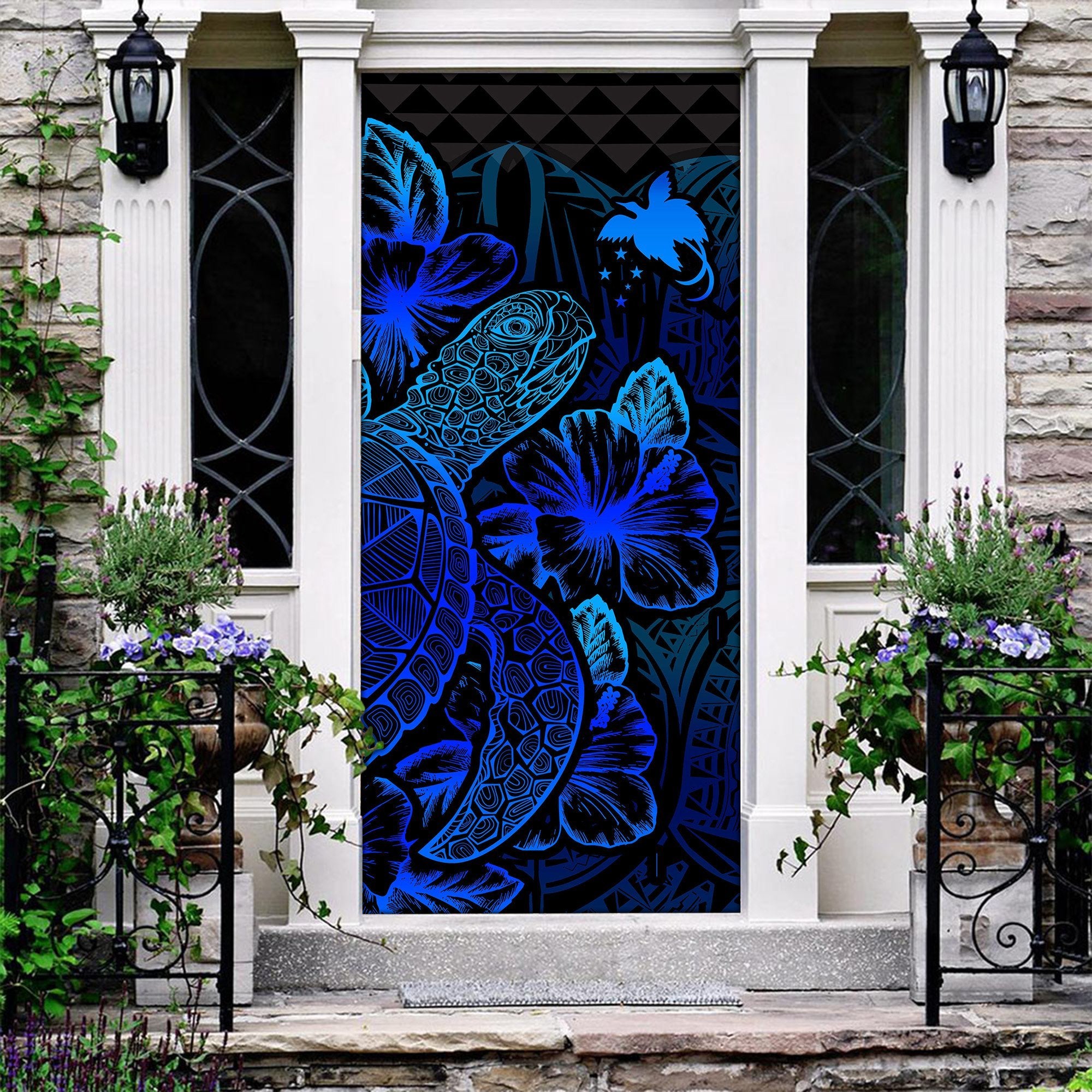 Papua New Guinea Door Cover Turtle Hibiscus Blue - Polynesian Pride