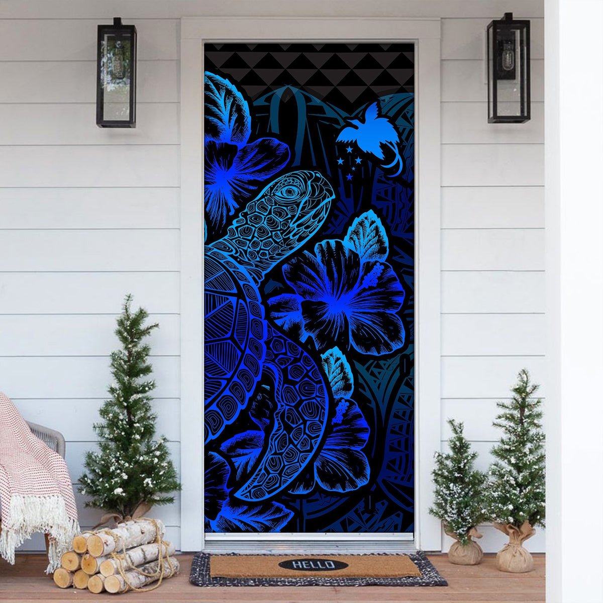Papua New Guinea Door Cover Turtle Hibiscus Blue - Polynesian Pride