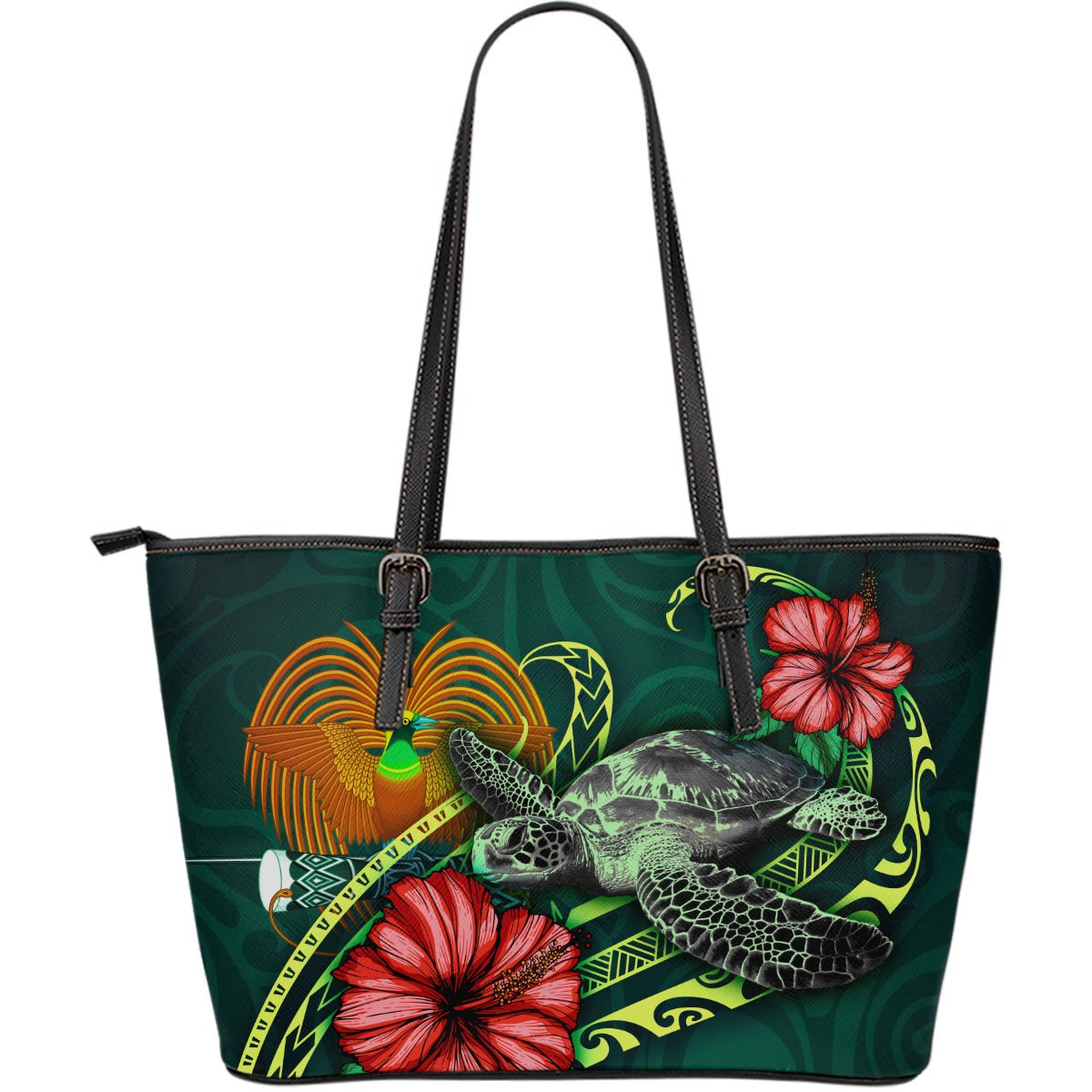 Papua New Guinea Polynesian Leather Tote Bag - Green Turtle Hibiscus Leather Tote One Size Green - Polynesian Pride