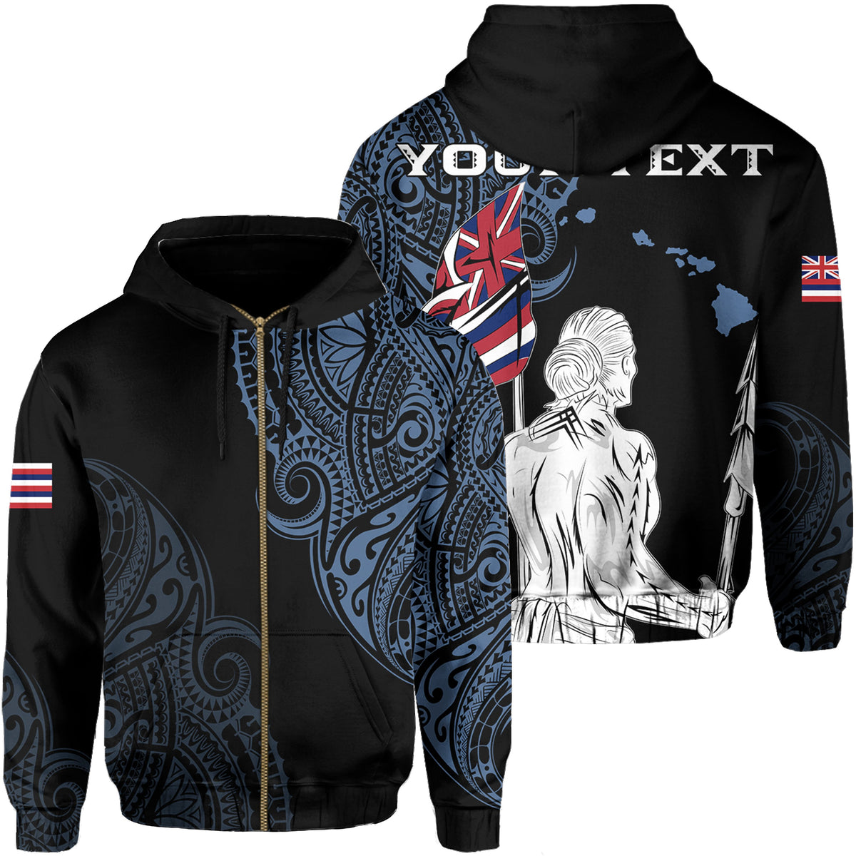 Personalized Hawaii Map Polynesian Warrior Ikaika Hoodie Zip William Style Pastel Blue Unisex Black - Polynesian Pride