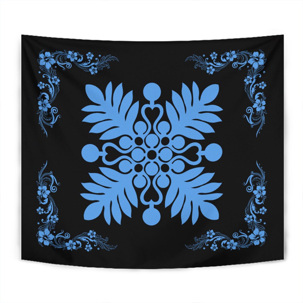 Hawaiian Quilt Maui Plant And Hibiscus Tappestry - Pastel Black - AH Wall Tapestry Pastel - Polynesian Pride