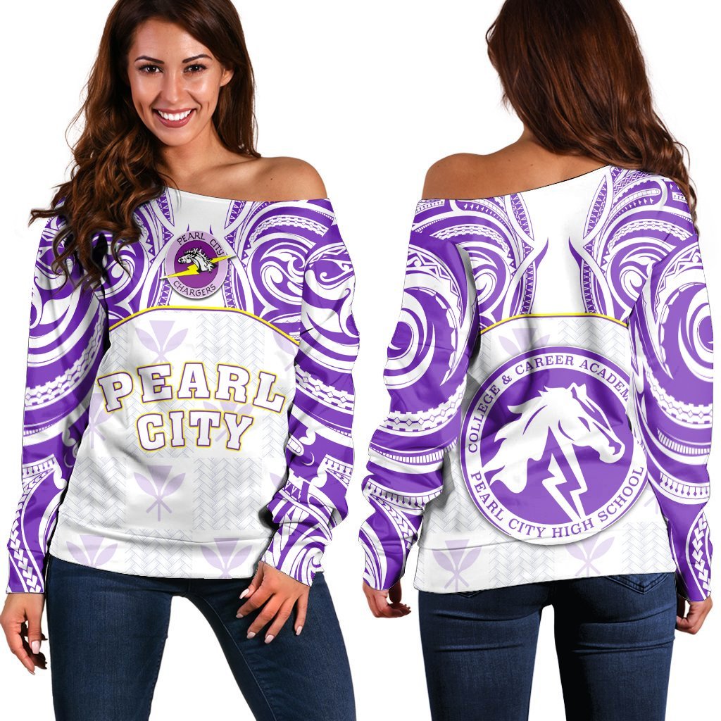 Hawaii - Kanaka Pearl City High School Off Shoulder Sweater Demodern Style AH White - Polynesian Pride