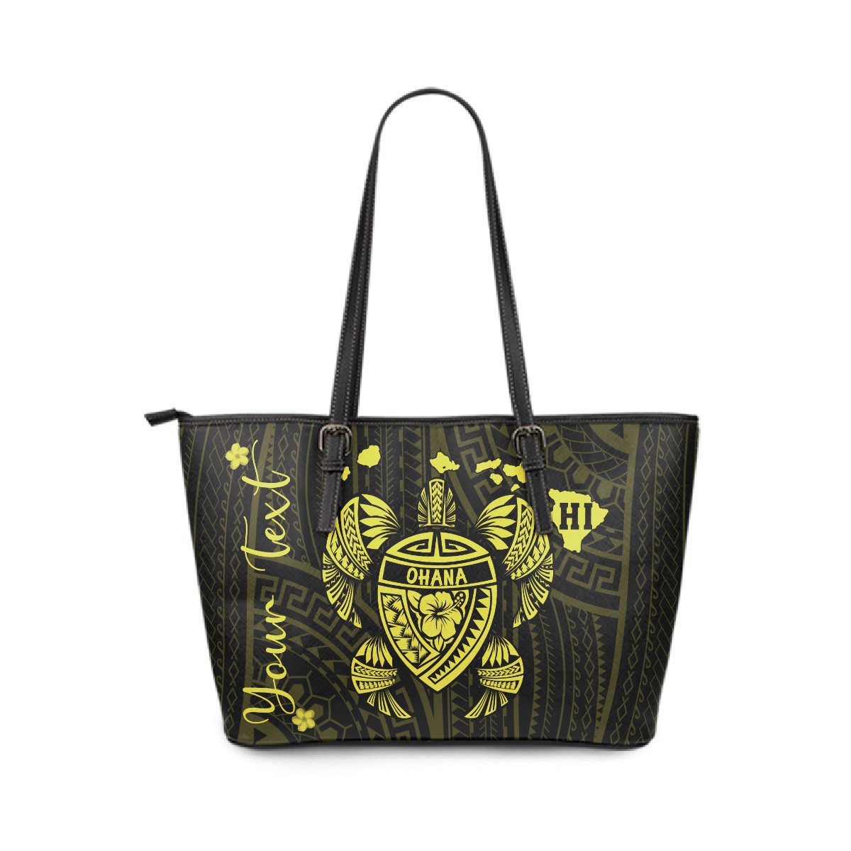 Personalized - Hawaii Kakau Polynesian Ohana Turtle Map Large Leather Tote - Yellow Yellow - Polynesian Pride