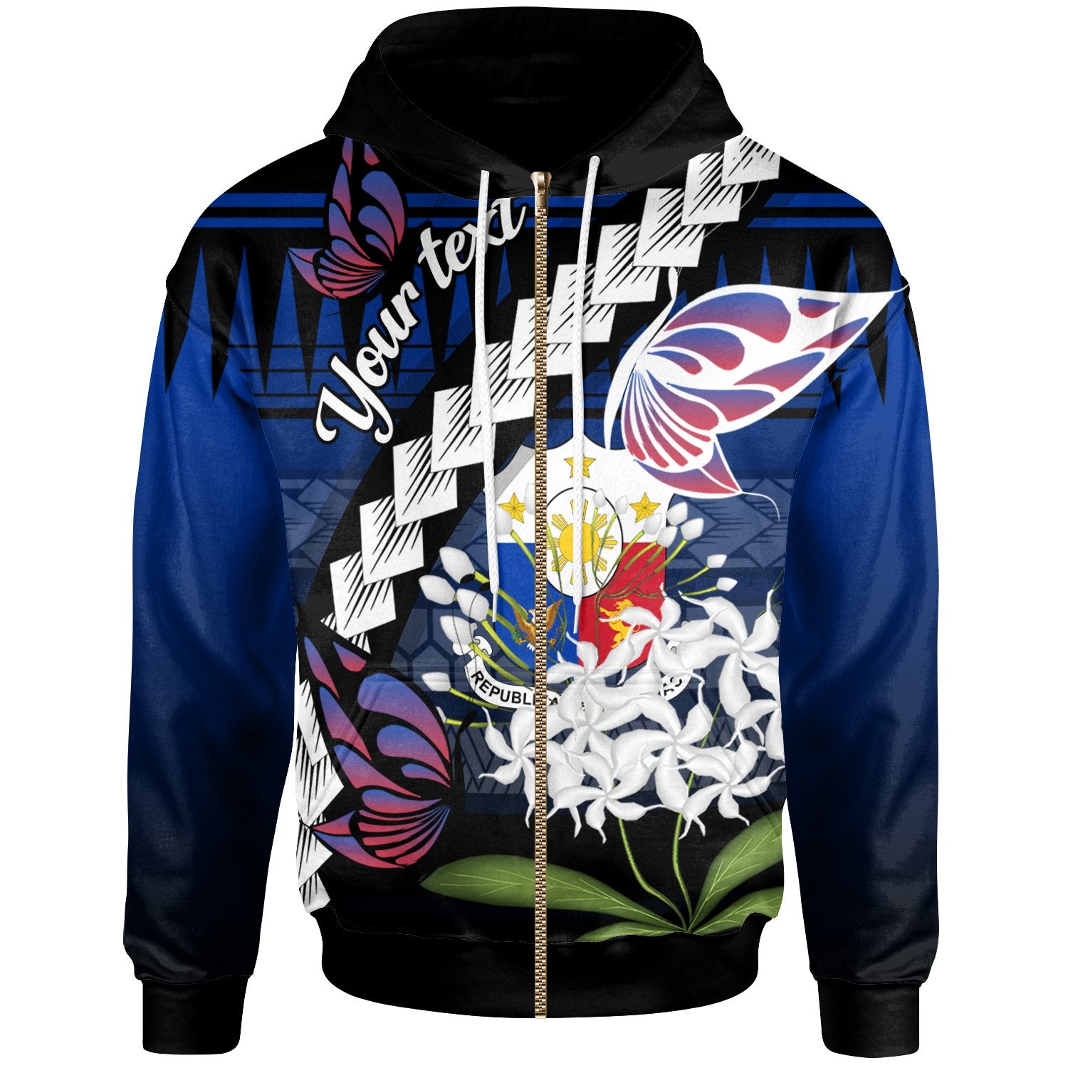 Philippines Custom Personalized Zip up Hoodie Butterfly Sampaguita Flower Unisex Black - Polynesian Pride