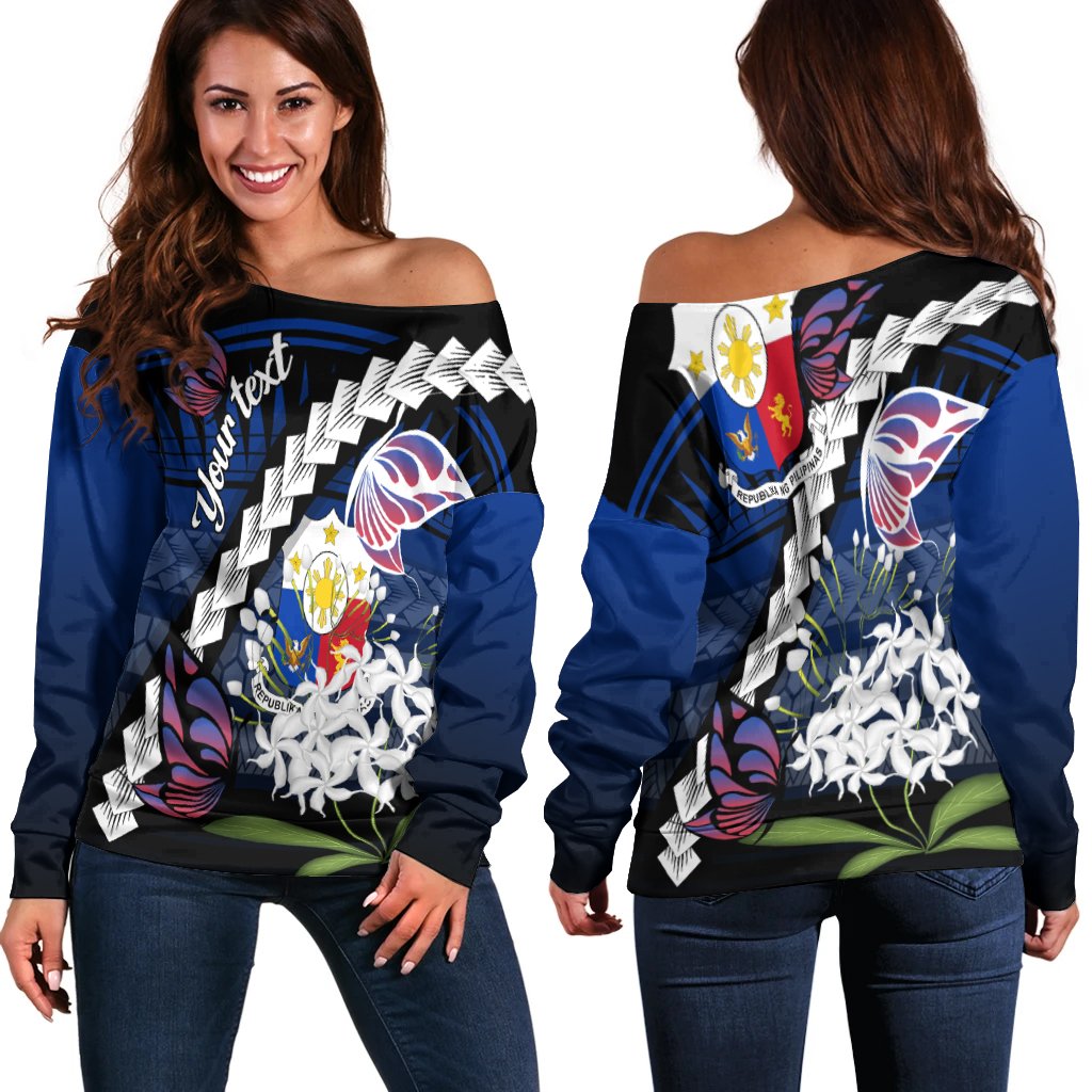 Philippines Custom Personalized Women's Off Shoulder Sweater - Butterfly Sampaguita Flower Blue - Polynesian Pride