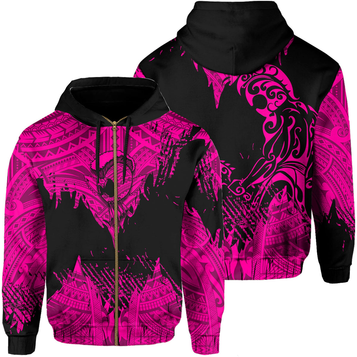 Hawaii Polynesian Hoodie Zip Warrior Ikaika Benjamin Style Pink Unisex Black - Polynesian Pride