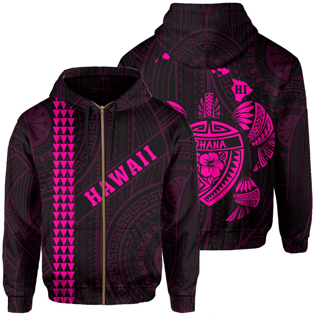 Polynesian Kakau Turtle Ohana Map of Hawaii Zip Hoodie Pink Unisex Pink - Polynesian Pride