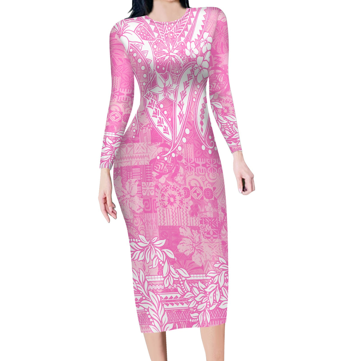 Polynesian Long Sleeves Bodycon Dress Tapa Plumeria Style - Pink LT7 Polyester spandex Pink - Polynesian Pride