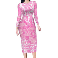 Polynesian Long Sleeves Bodycon Dress Tapa Plumeria Style - Pink LT7 Polyester spandex Pink - Polynesian Pride