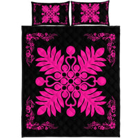Hawaiian Quilt Maui Plant And Hibiscus Pattern Quilt Bed Set - Pink Black - AH Art - Polynesian Pride