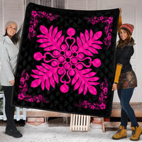 Hawaiian Quilt Maui Plant And Hibiscus Premium Quilt - Pink Black - AH - Polynesian Pride