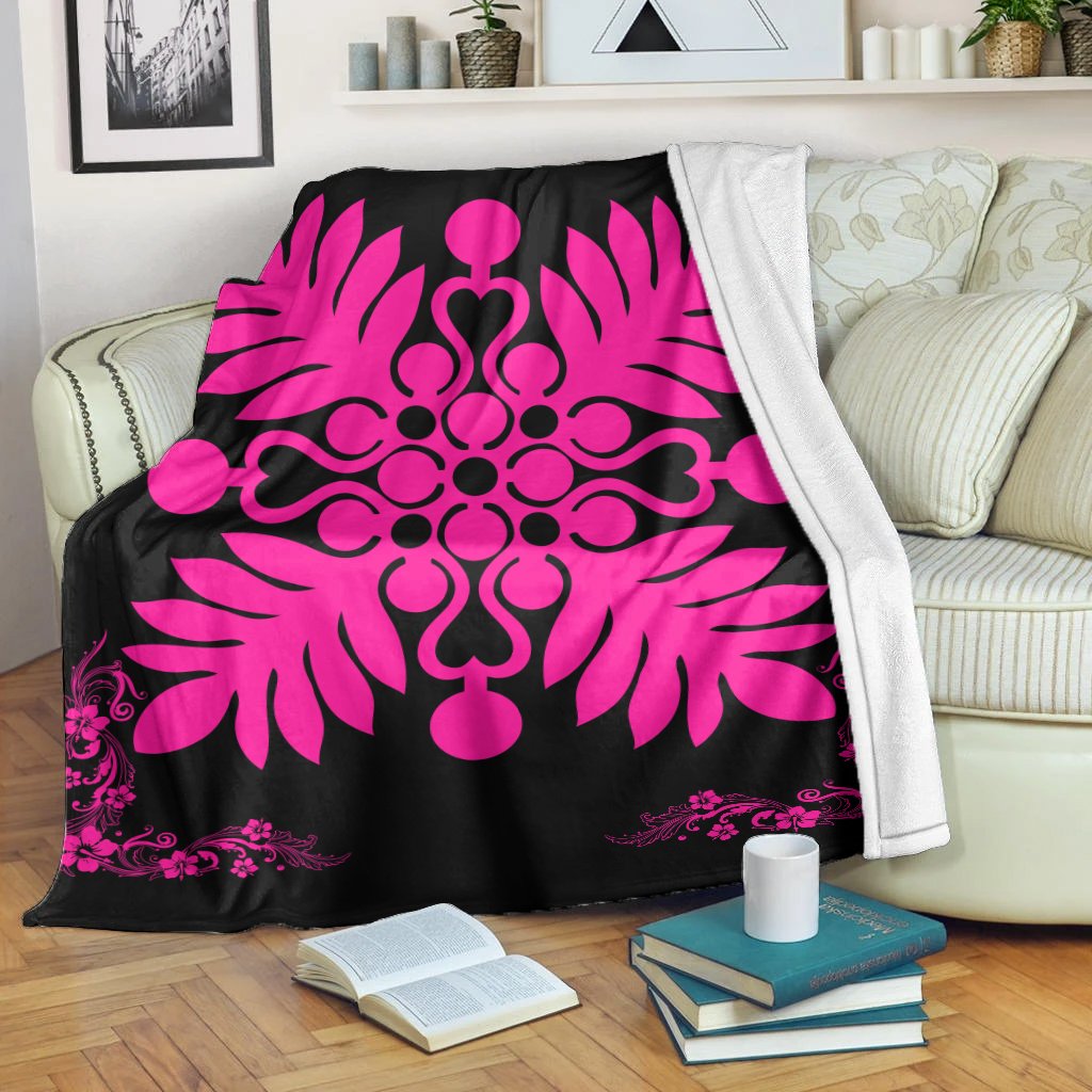 Hawaiian Quilt Maui Plant And Hibiscus Premium Blanket - Pink Black - AH White - Polynesian Pride