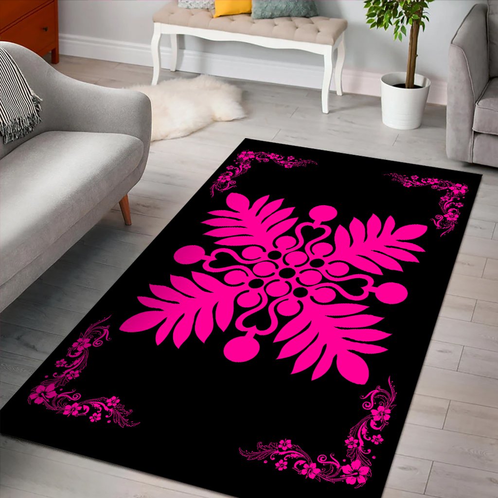 Hawaiian Quilt Maui Plant And Hibiscus Pattern Area Rug - Pink Black - AH - Polynesian Pride