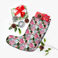 Pink Monstera And Green Tropical Leaves White Christmas Stocking - Polynesian Pride